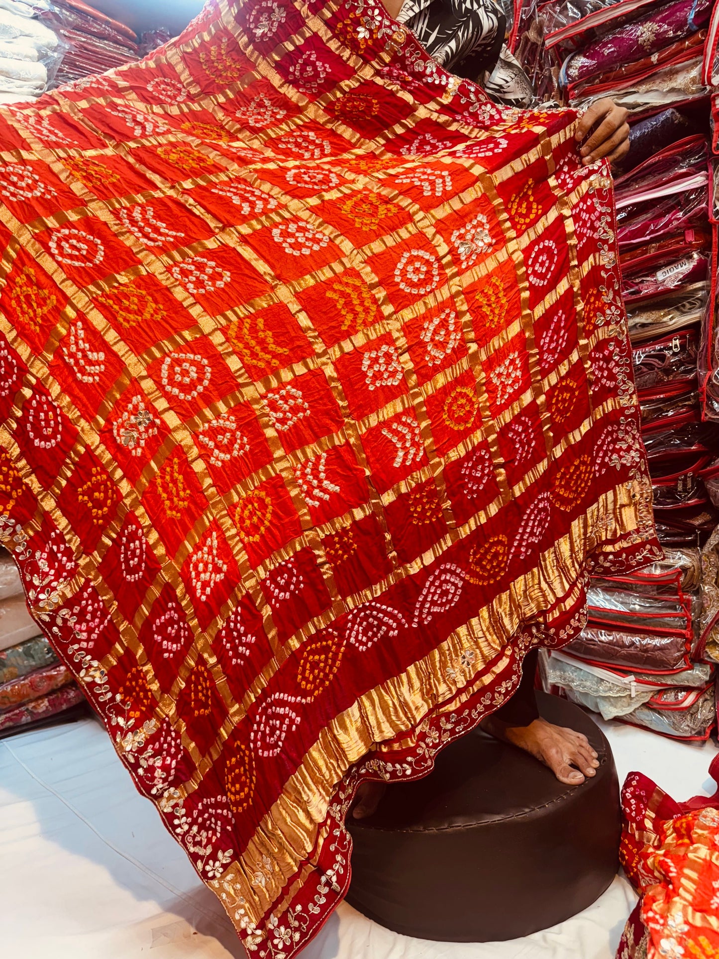 Pure gajjisilk ghadchola red orange color lehnga