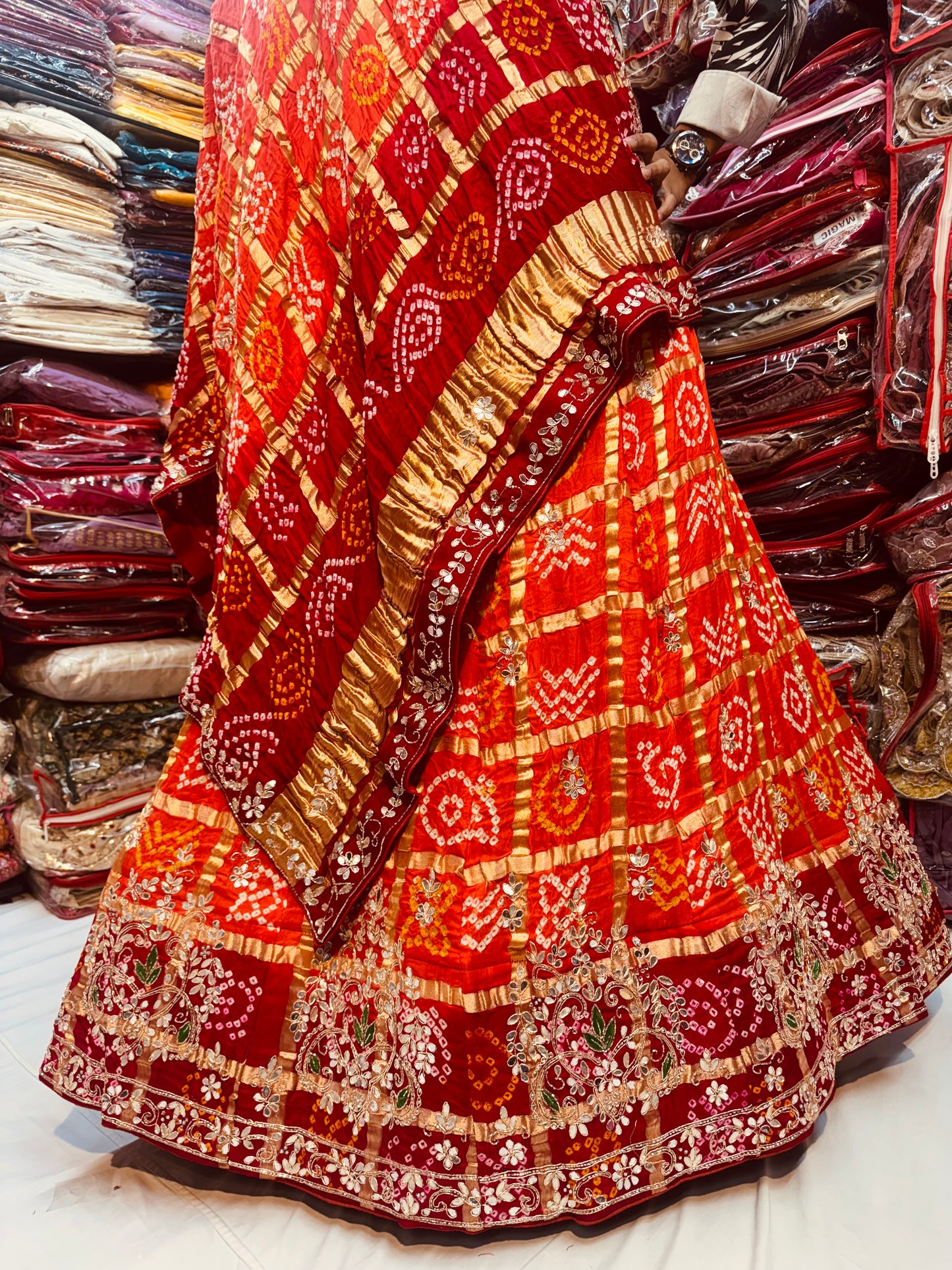 Pure gajjisilk ghadchola red orange color lehnga