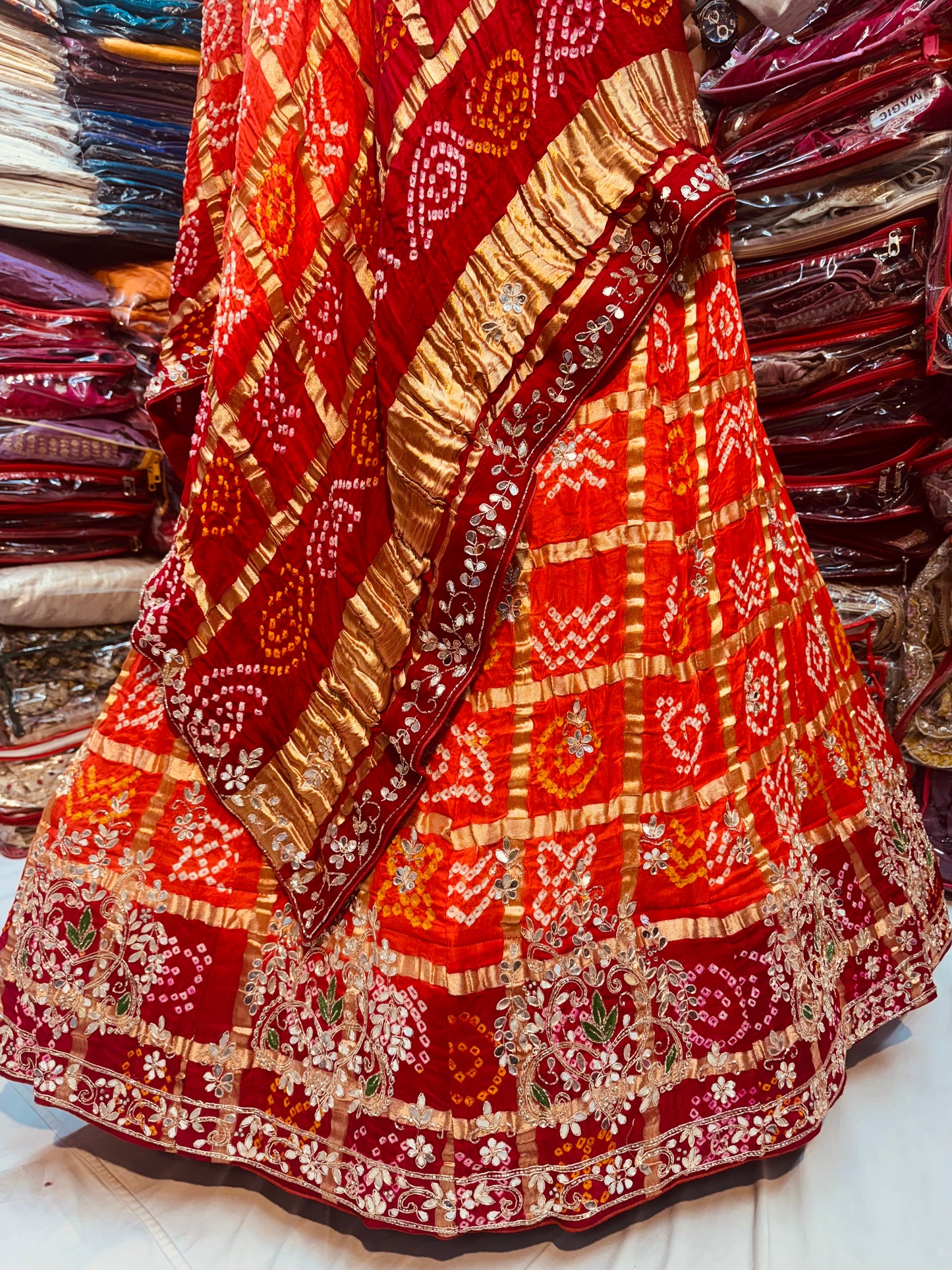 Pure gajjisilk ghadchola red orange color lehnga