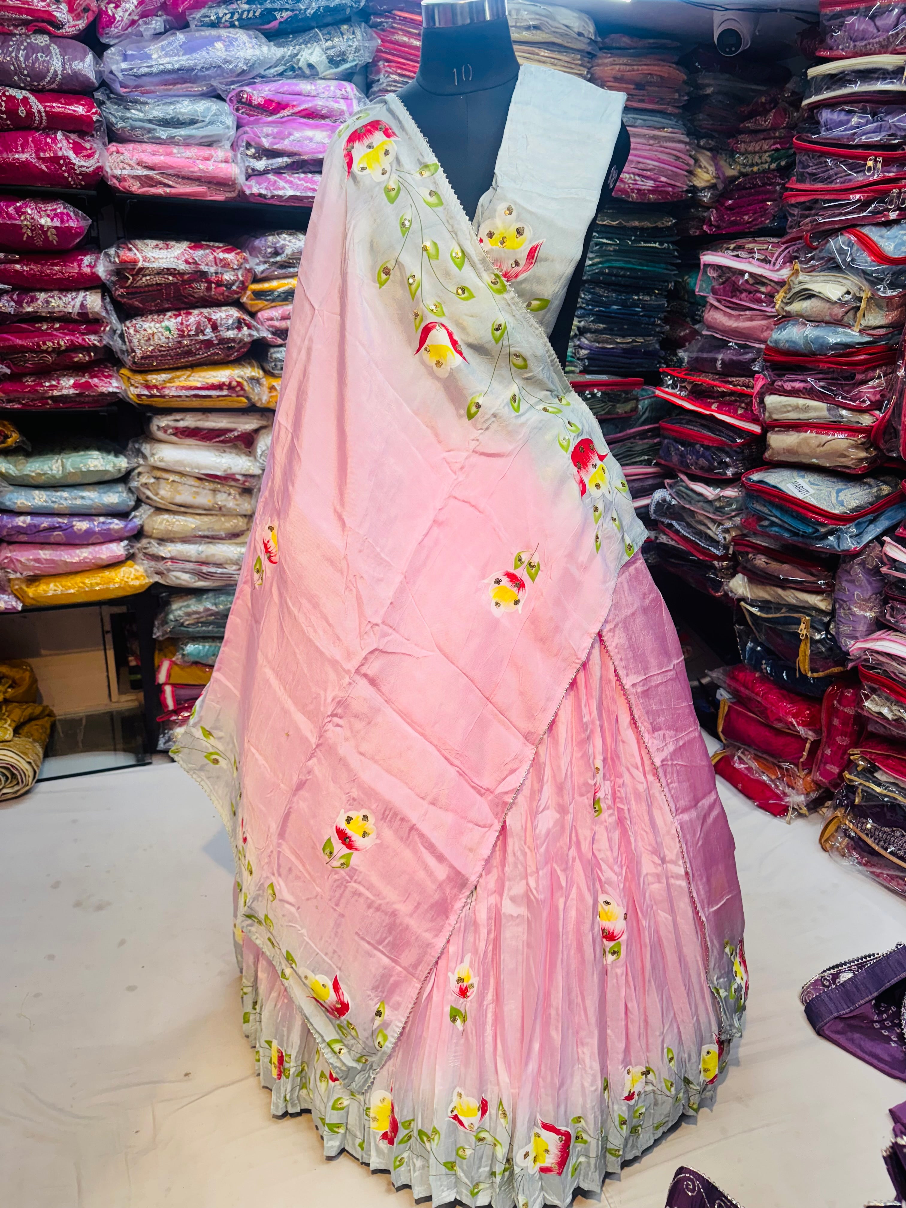 Pink grey floral handpainted lehnga in pure upada silk fabric