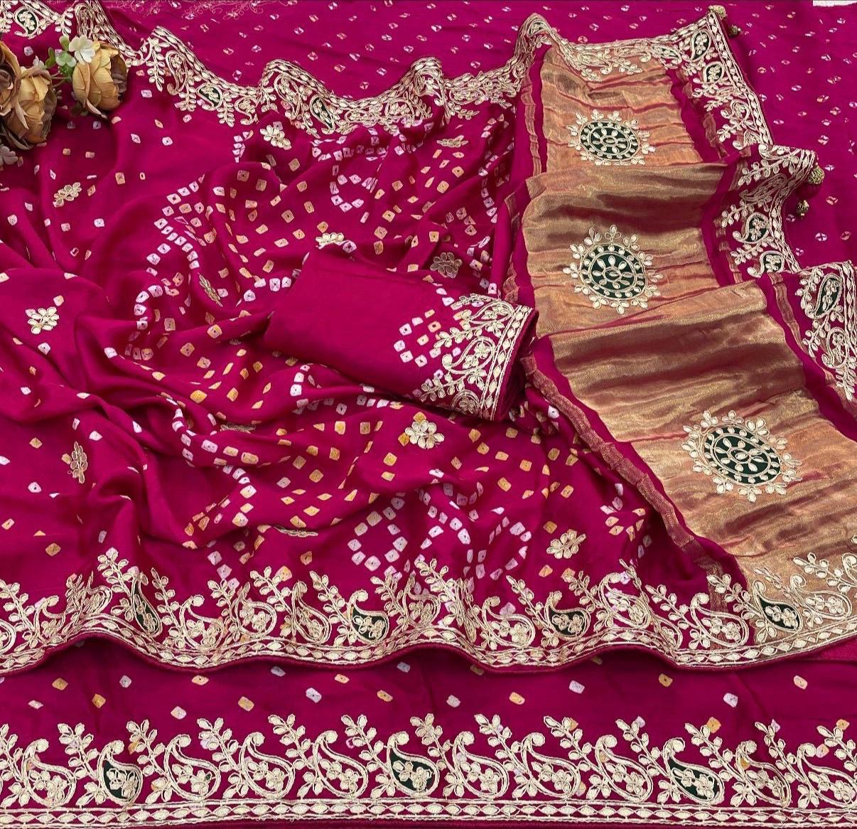 Handbandhej gajji modal saree with gotawork