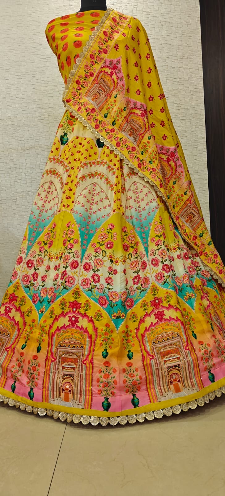 GG inspired handprinted lehnga with crystal dabka work highlighting on it