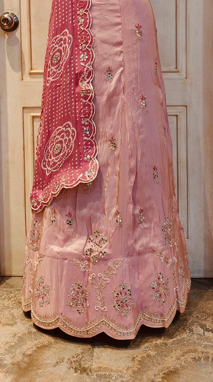 COSMO TISSUE FABRIC LEHNGA WITH BHANDHEJ CONCEPT