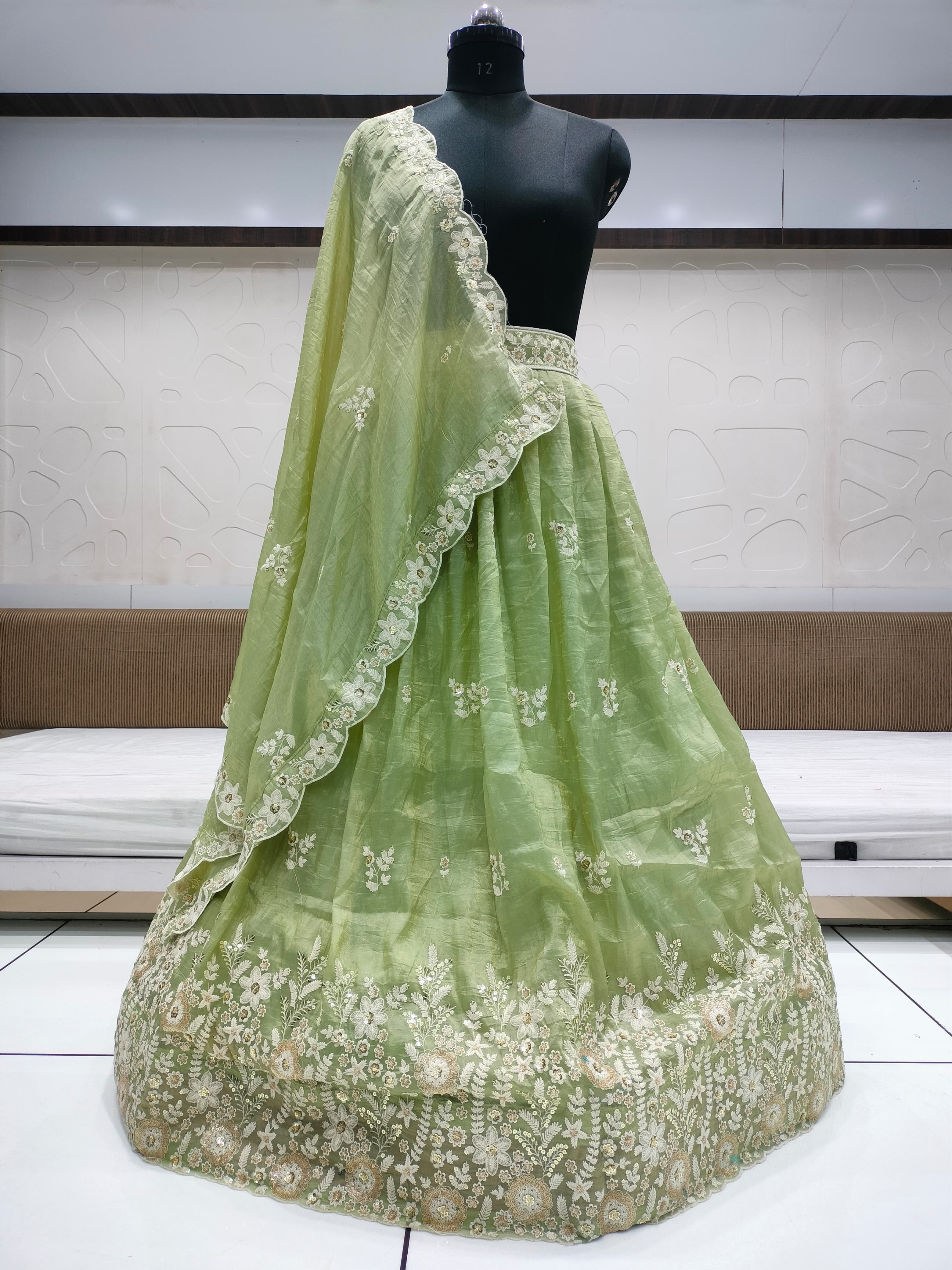 Crush gold fabric lehnga with beautiful embroidery and sequins work & cutwork dupatta