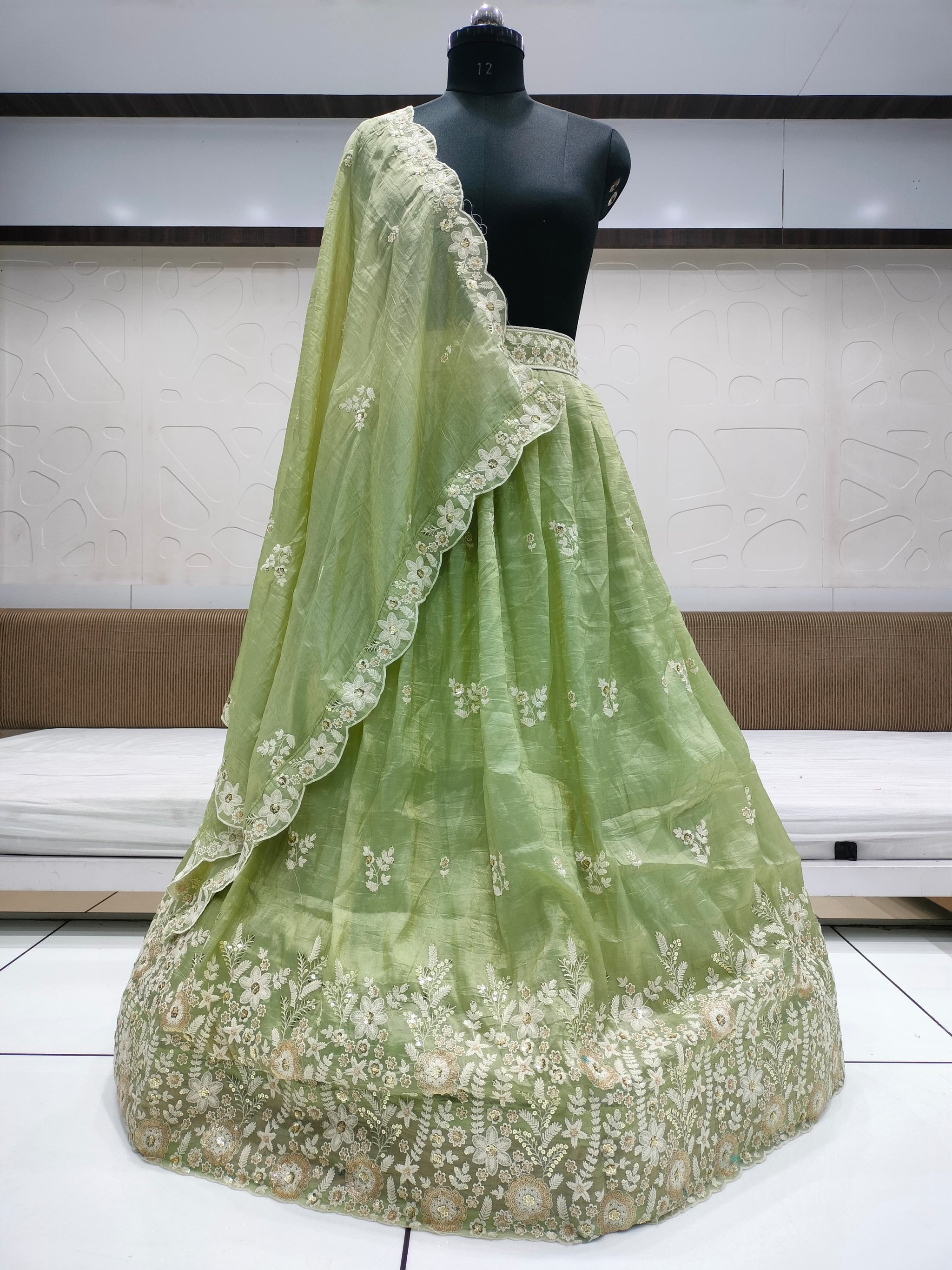 Crush gold fabric lehnga with beautiful embroidery and sequins work & cutwork dupatta
