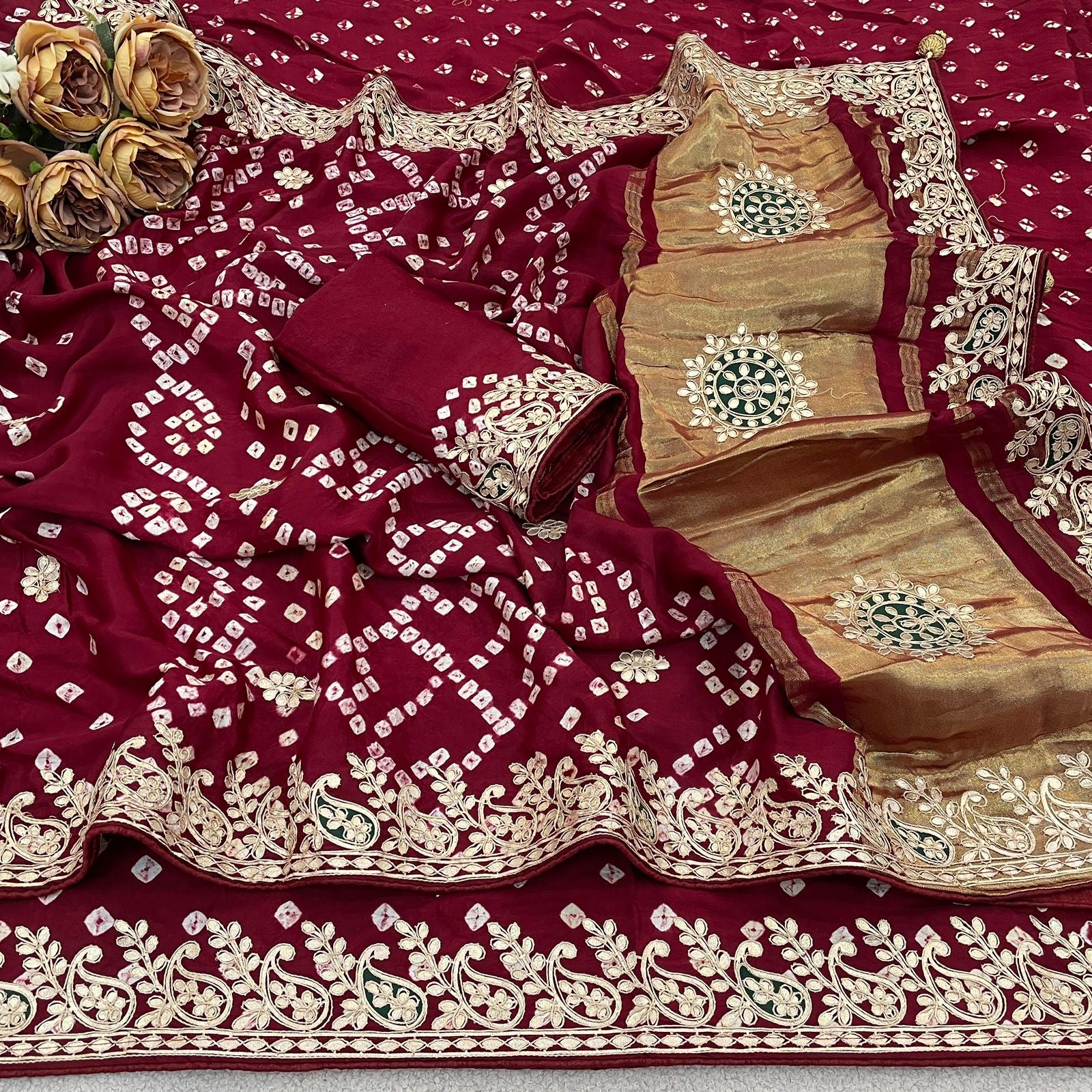 Handbandhej gajji modal saree with gotawork