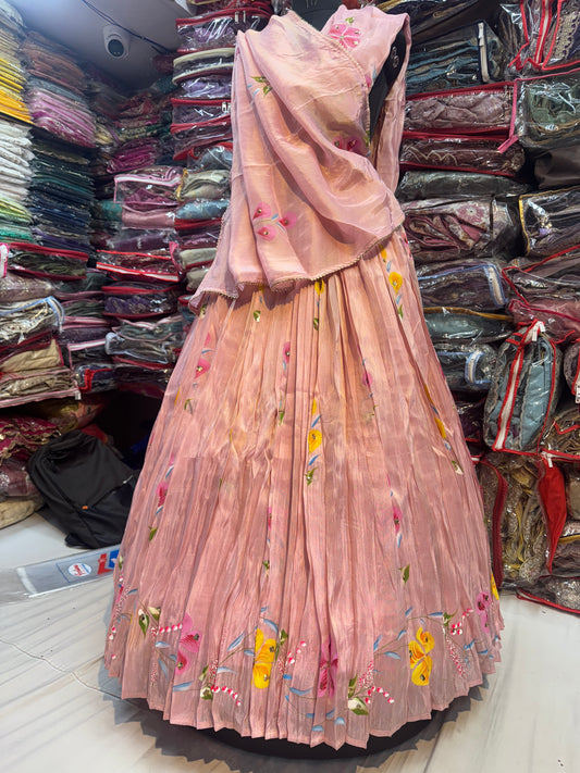 Pyazi color handpainted lehnga on tissue fabric