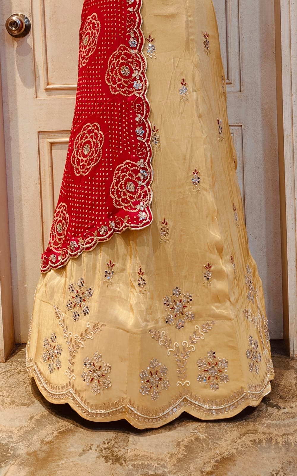 COSMO TISSUE FABRIC LEHNGA WITH BHANDHEJ CONCEPT