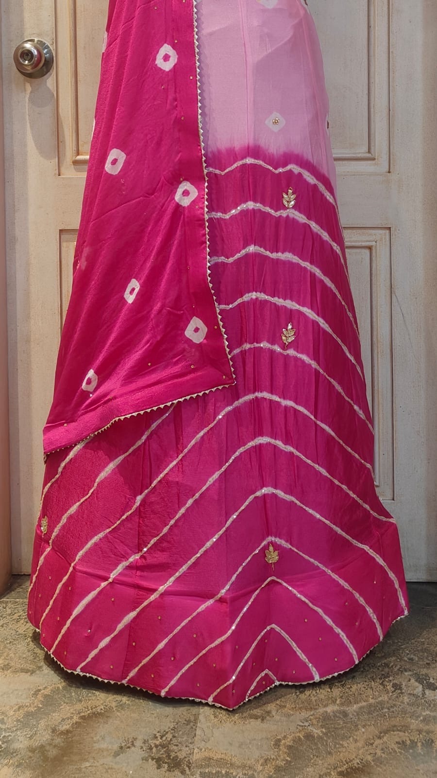 Chinon fabric handwork lehnga having bandhej lehriya