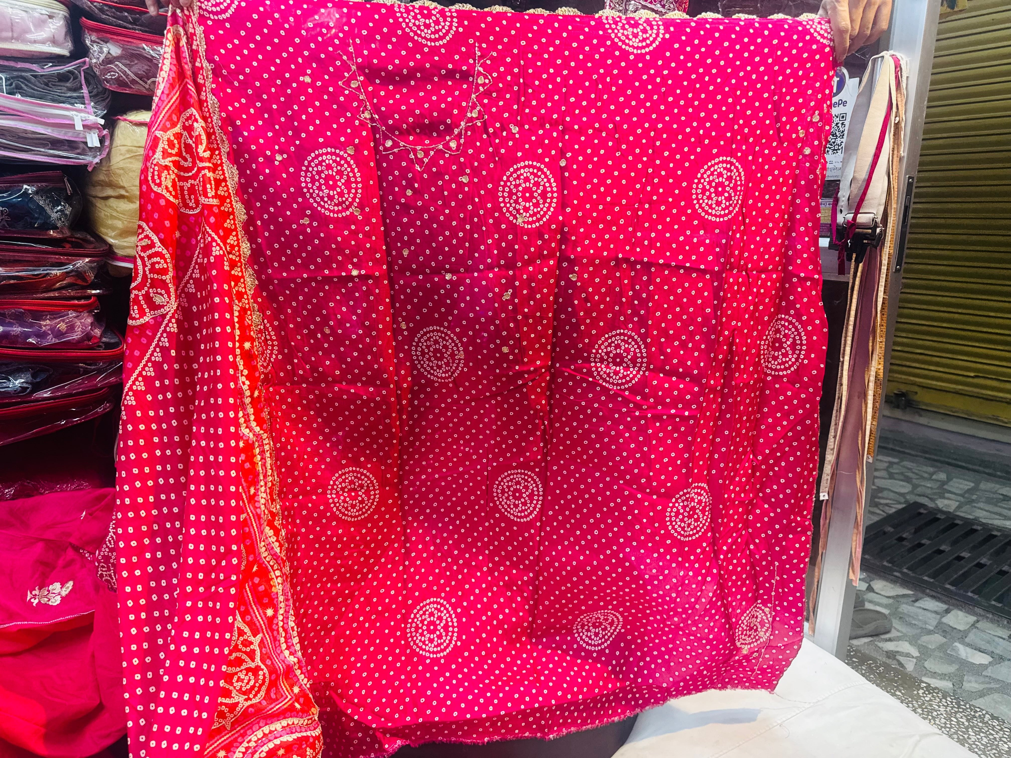 Mayur design bhandhej lehnga on silk fabric