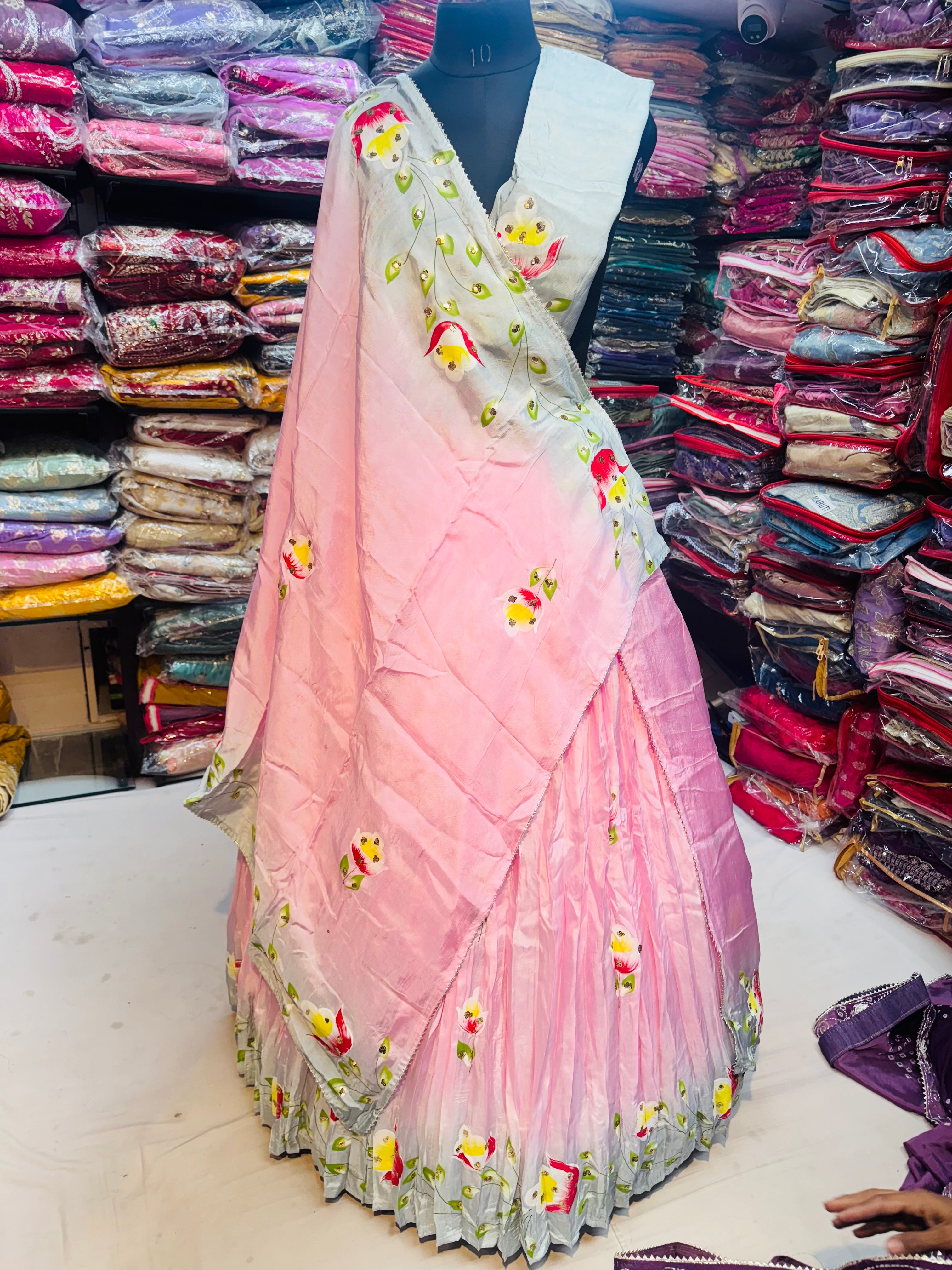 Pink grey floral handpainted lehnga in pure upada silk fabric