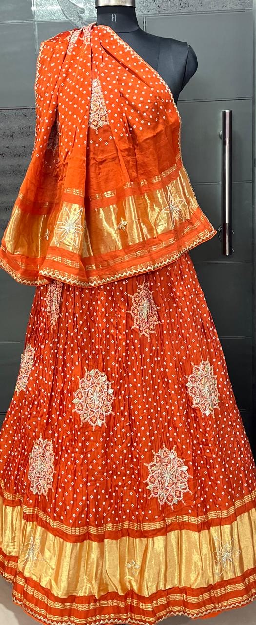 Gajjisilk bandhej print lehnga with beautiful work of sikhiya gotta and concept of lagdi patta