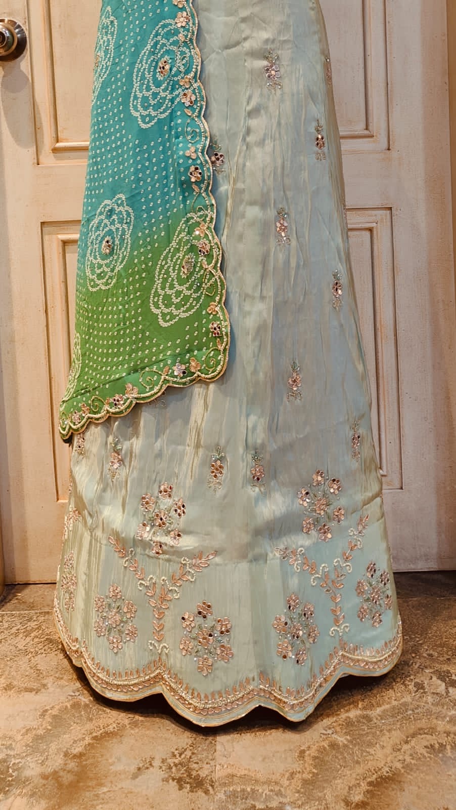 COSMO TISSUE FABRIC LEHNGA WITH BHANDHEJ CONCEPT