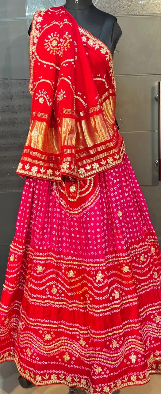 Pure gajji silk hand bandhej lehnga with marodi work and gottapatti handwork in two shade