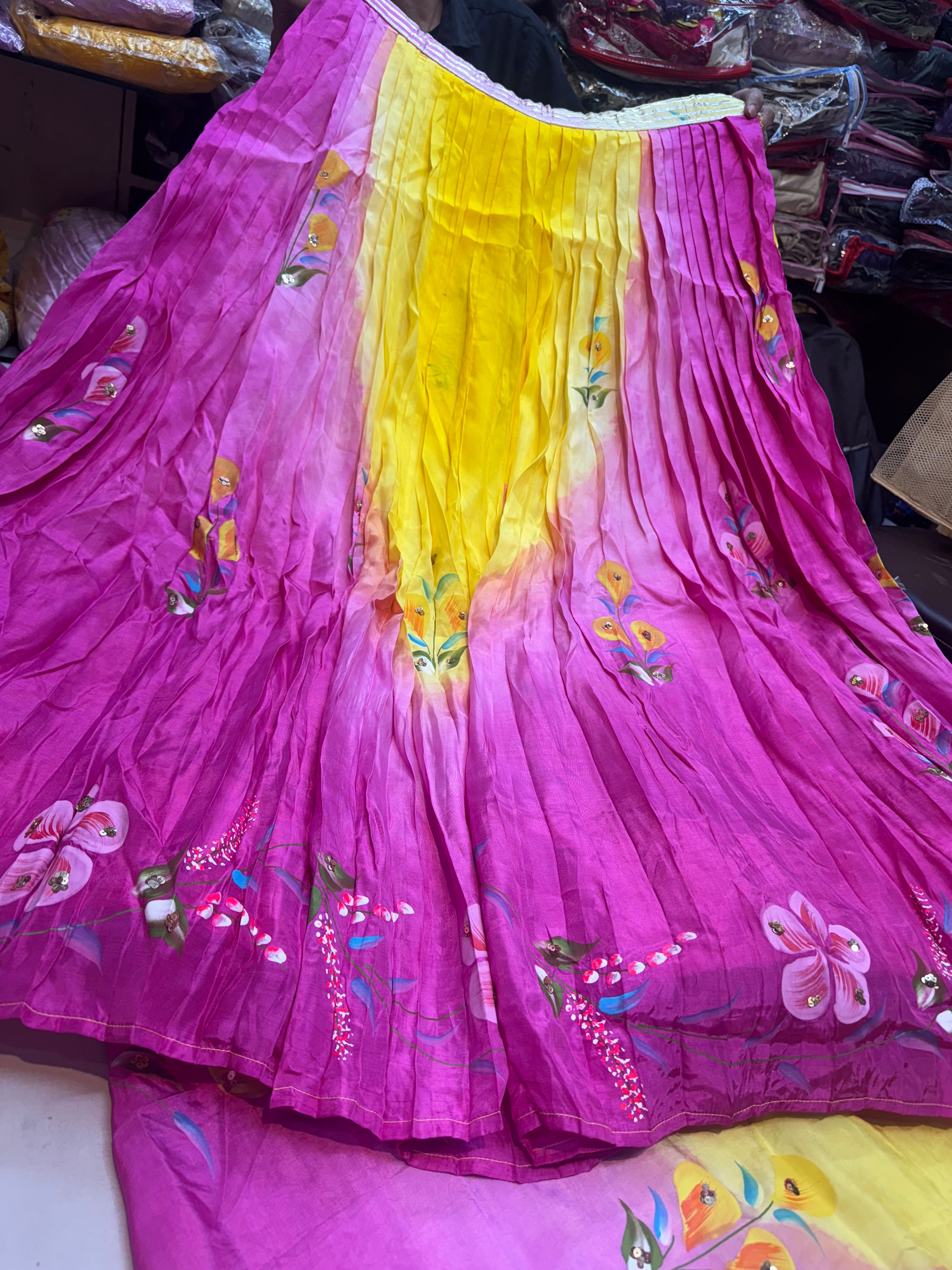 Yellow Rani floral handpainted lehnga on pure upada silk