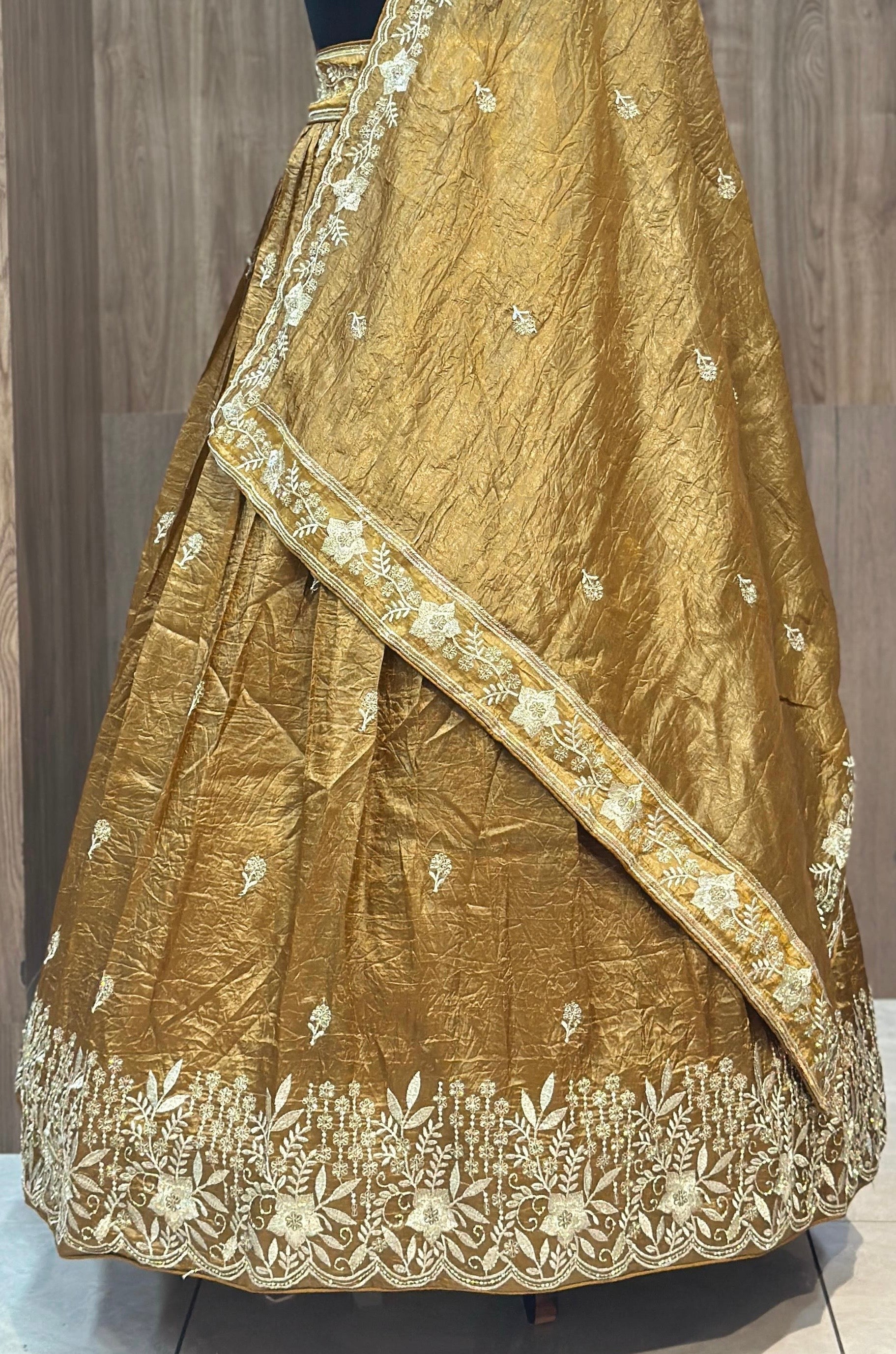 Crush fabric lehnga with sequins and khatli work