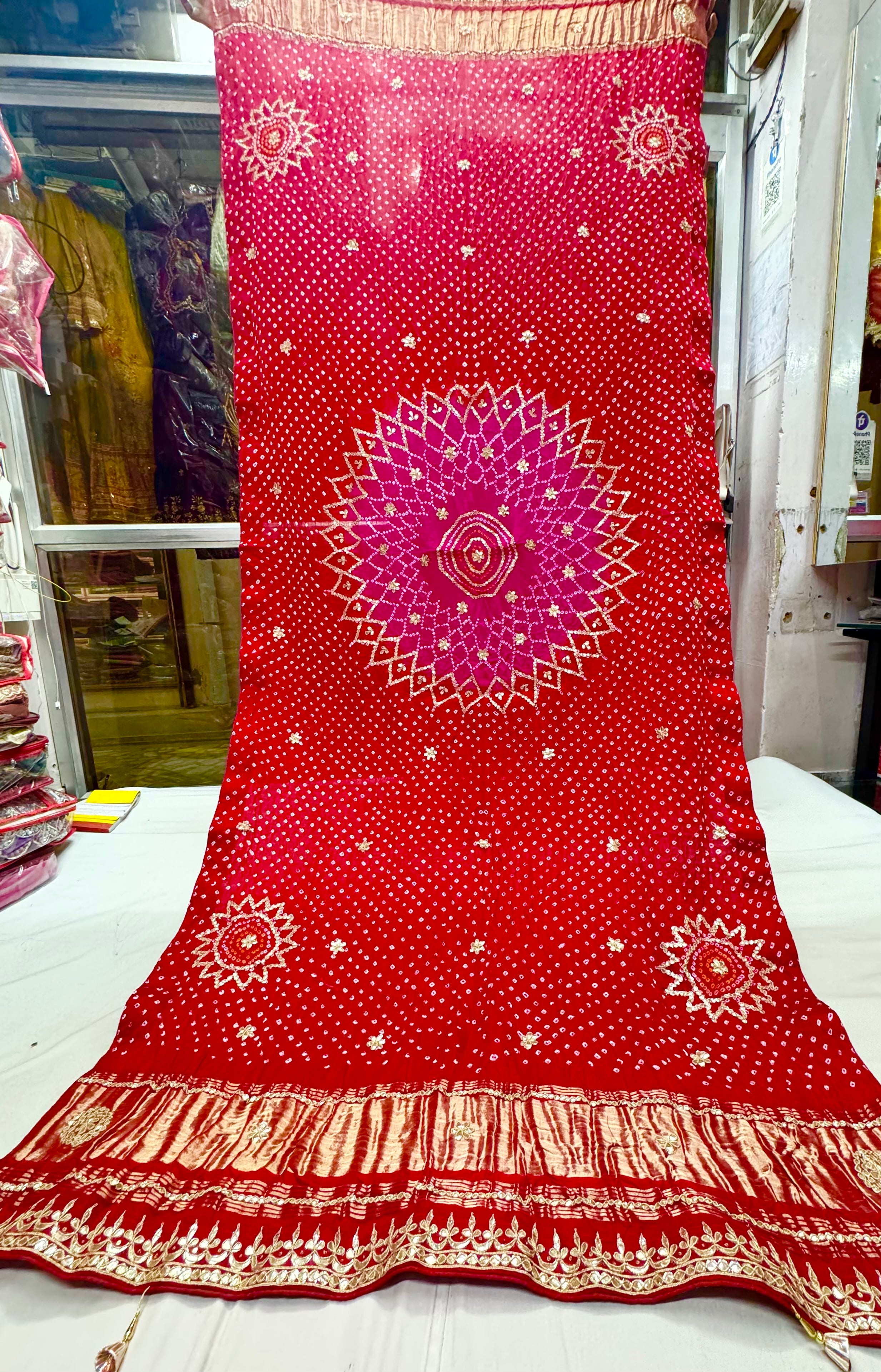 Red rani spider jaal pure Gajji silk hand bandhej dupatta with handwork