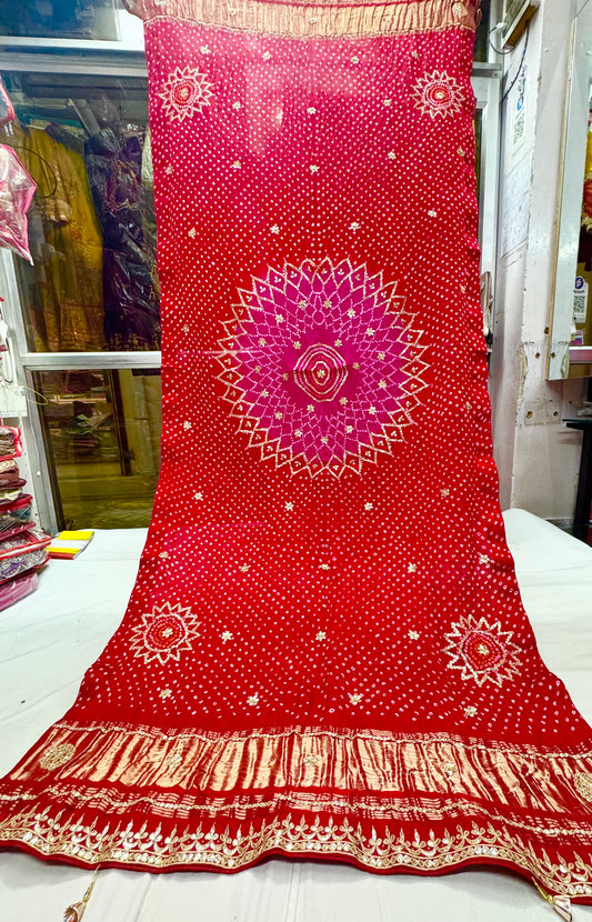 Red rani spider jaal pure Gajji silk hand bandhej dupatta with handwork