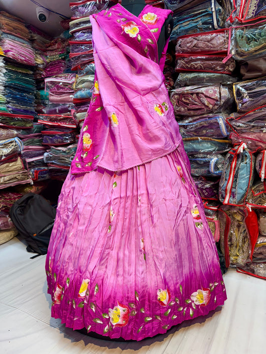 Pink and rani floral handpainted lehnga on pure upada silk