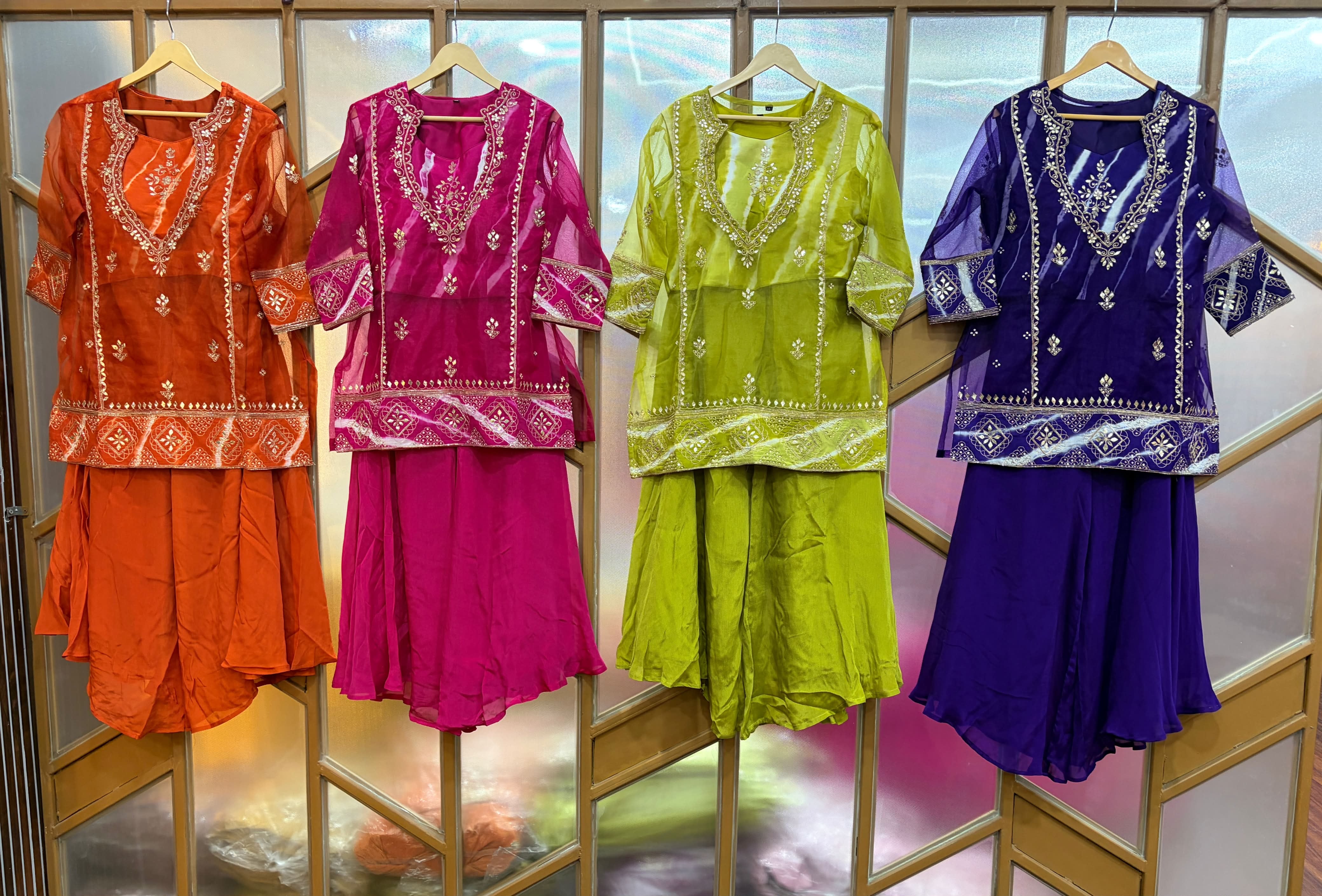 Indowestern with divider having lehriya patches and inner with organza see-trough top