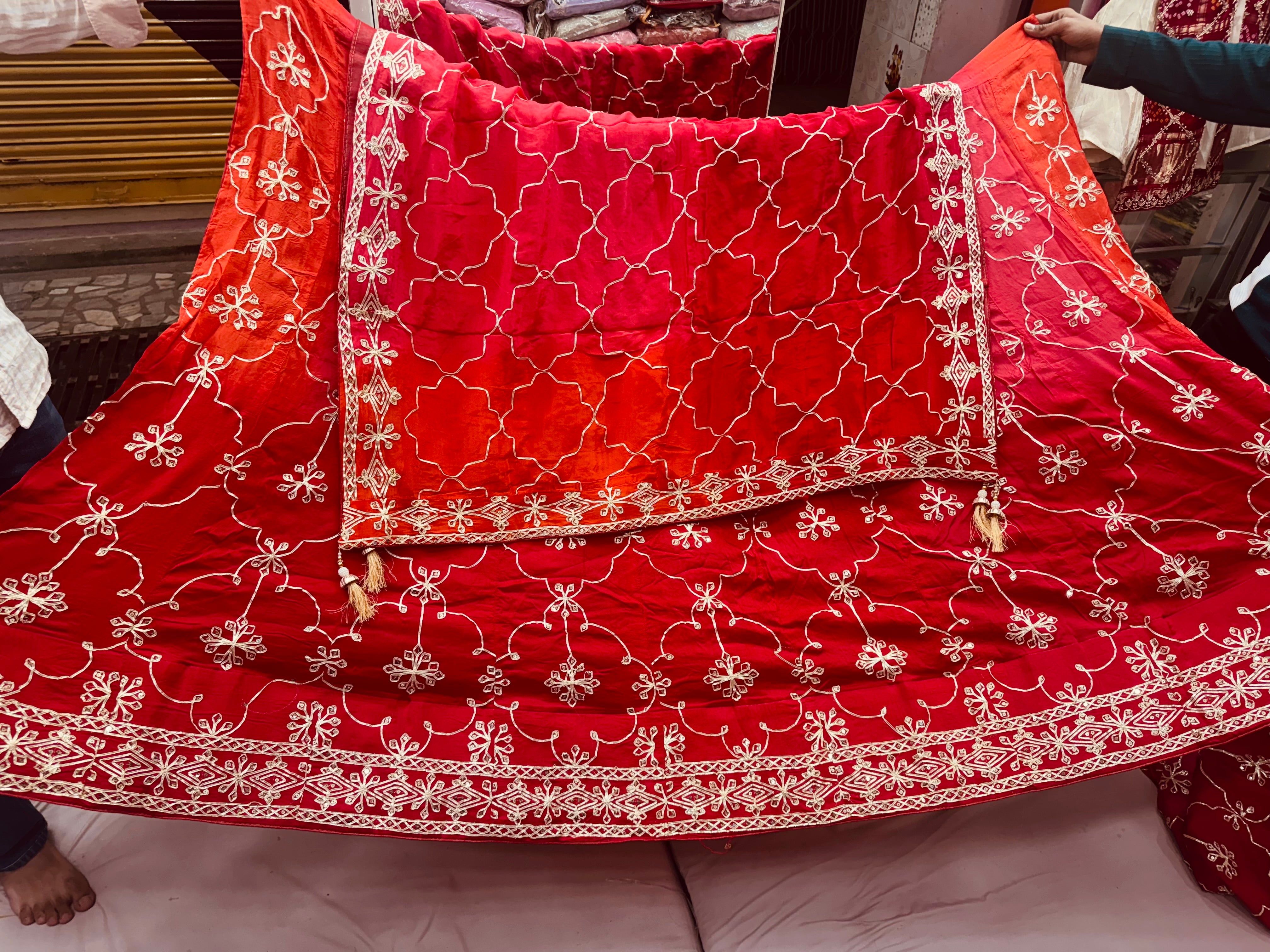 MultiColor box dyed Rajwadi lehnga with kachhi gota handwork on pure Upada silk and HO silk dupatta