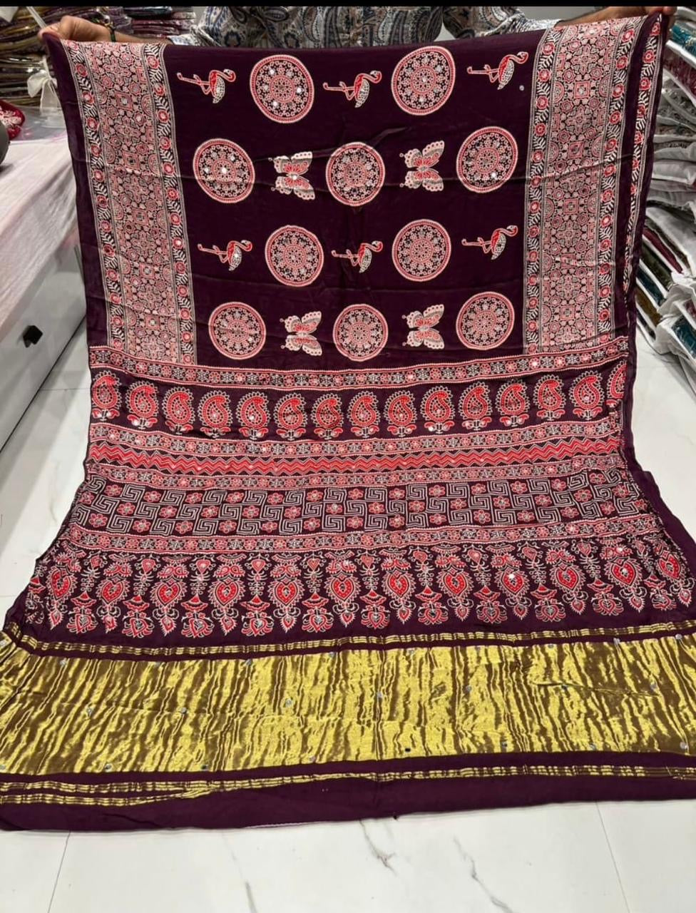 Ajrakh sarees with mirror pasting