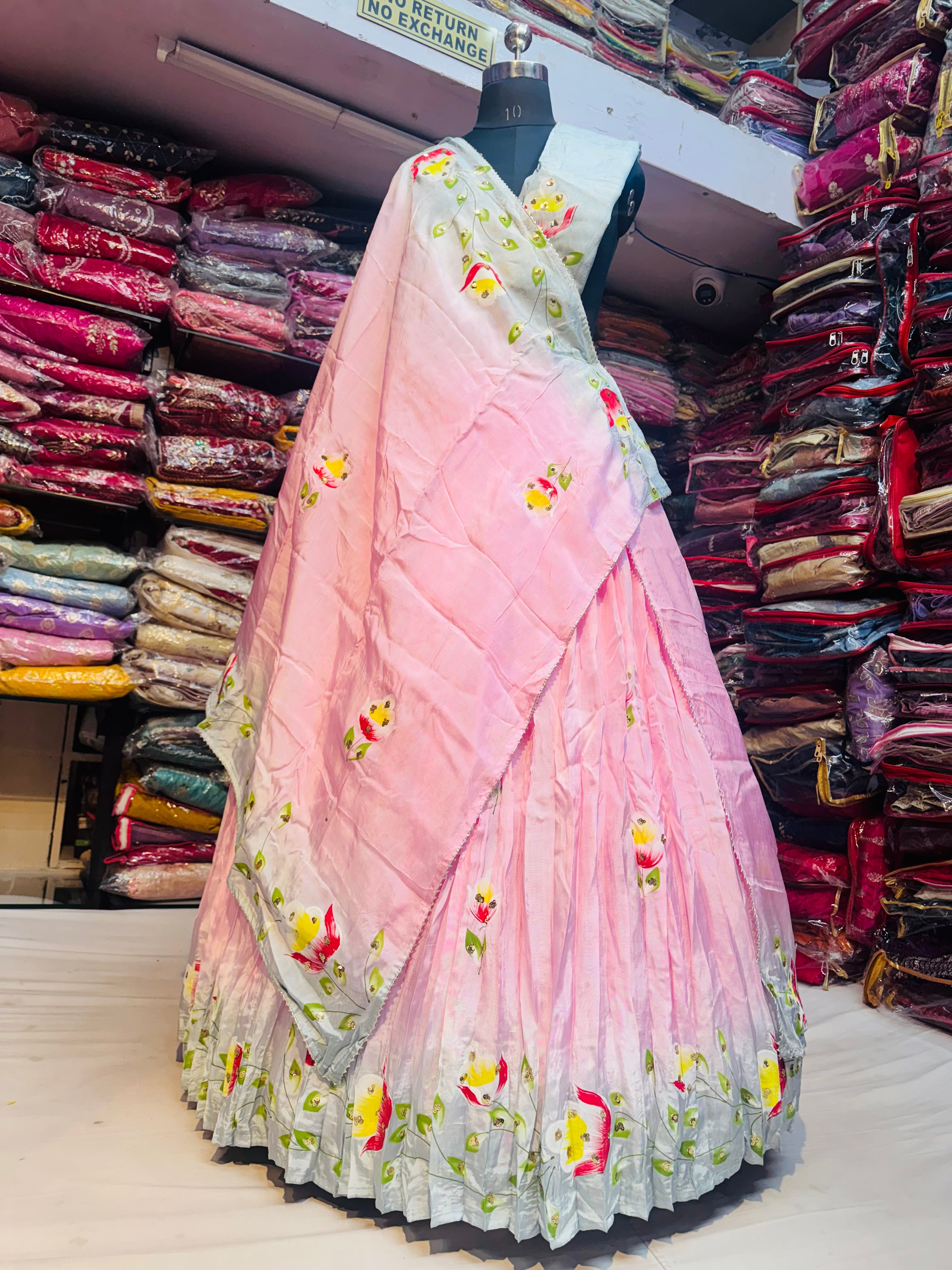 Pink grey floral handpainted lehnga in pure upada silk fabric