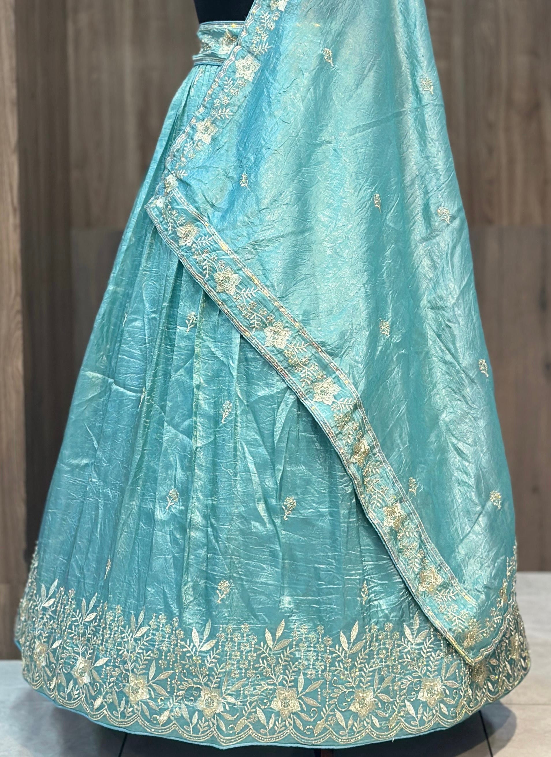 Crush fabric lehnga with sequins and khatli work
