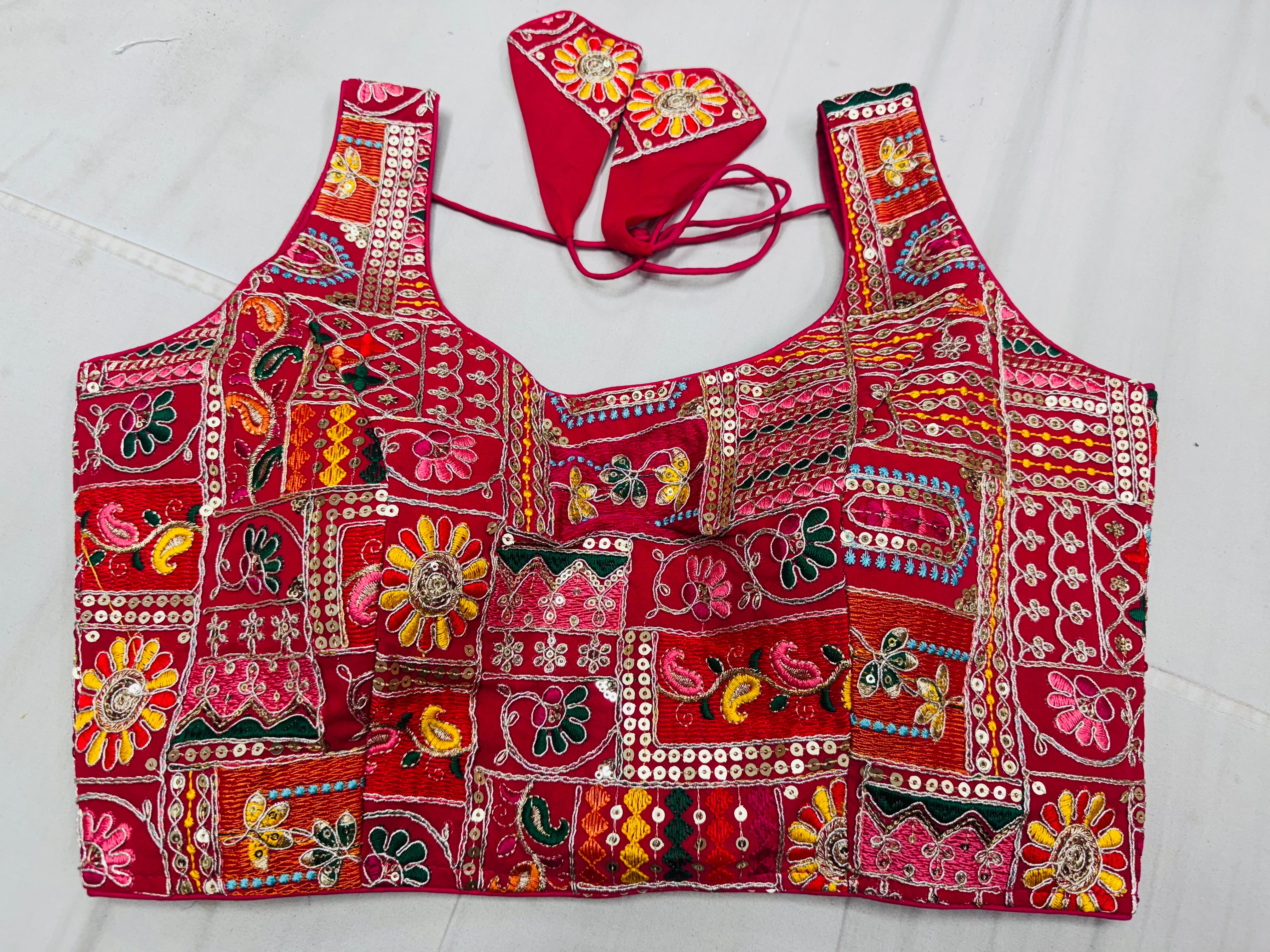 Multicoloured Embroidery and coding work blouse with elbow sleeves