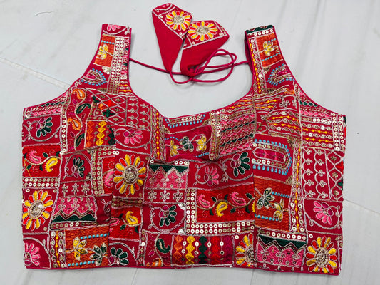 Multicoloured Embroidery and coding work blouse with elbow sleeves