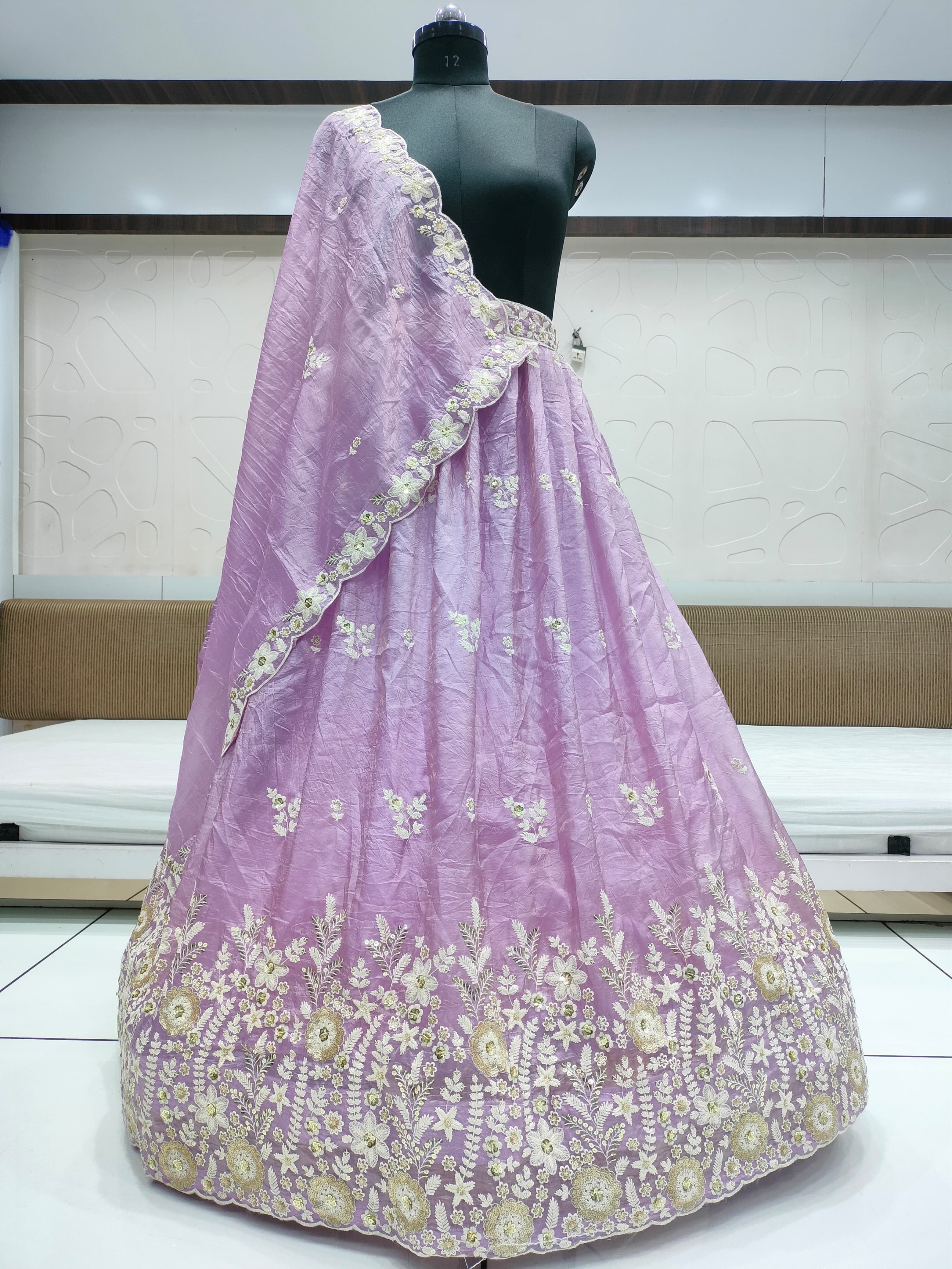Crush gold fabric lehnga with beautiful embroidery and sequins work & cutwork dupatta