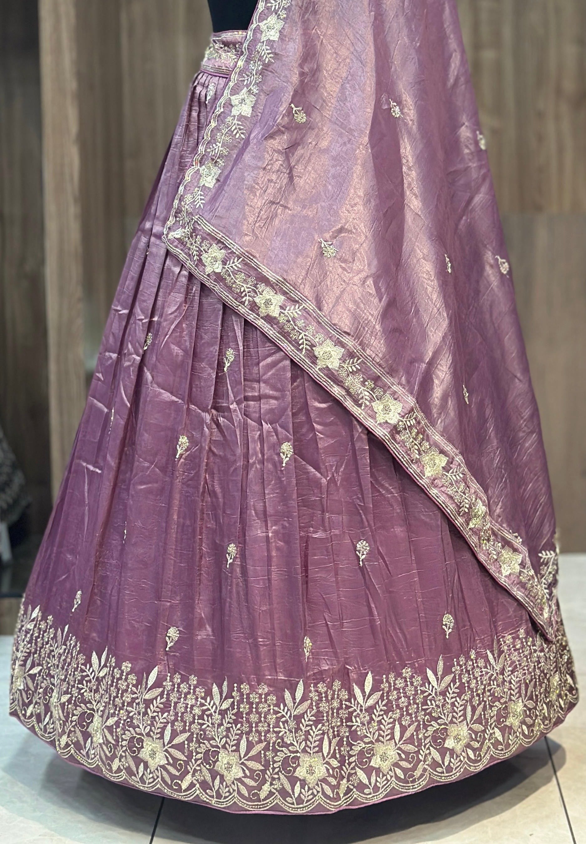 Crush fabric lehnga with sequins and khatli work
