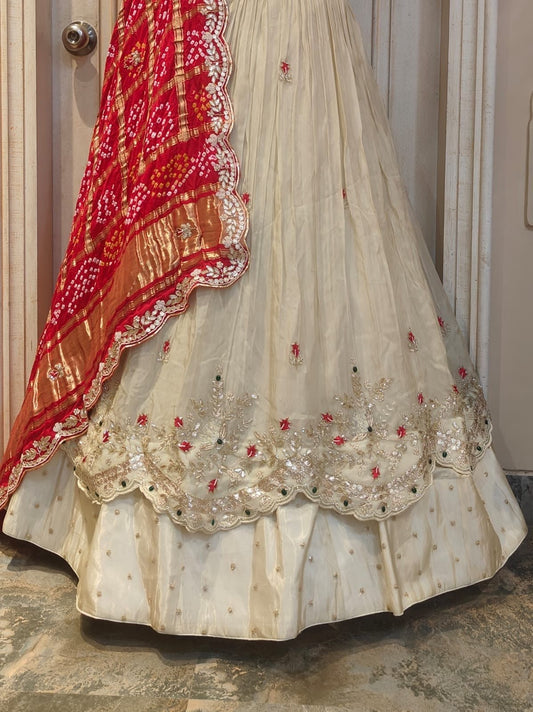 Emerald work designer lehnga with pure gajji silk ghadchola dupatta
