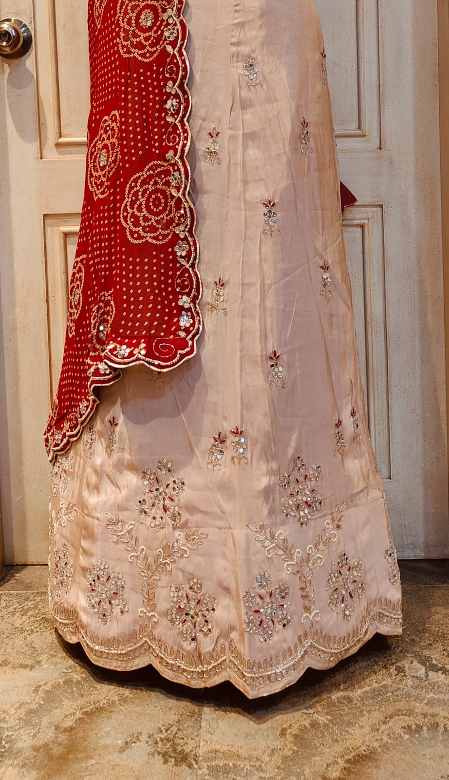 COSMO TISSUE FABRIC LEHNGA WITH BHANDHEJ CONCEPT