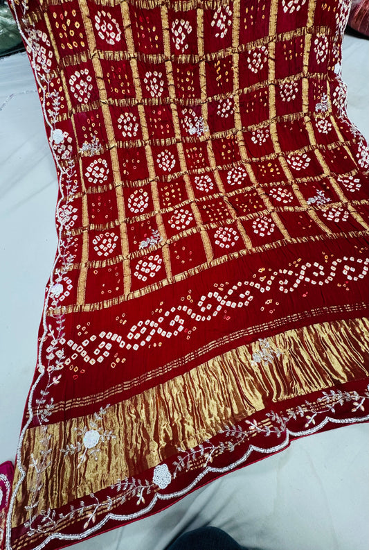 Red color Modal Gajjisilk Ghadchola dupatta with handwork