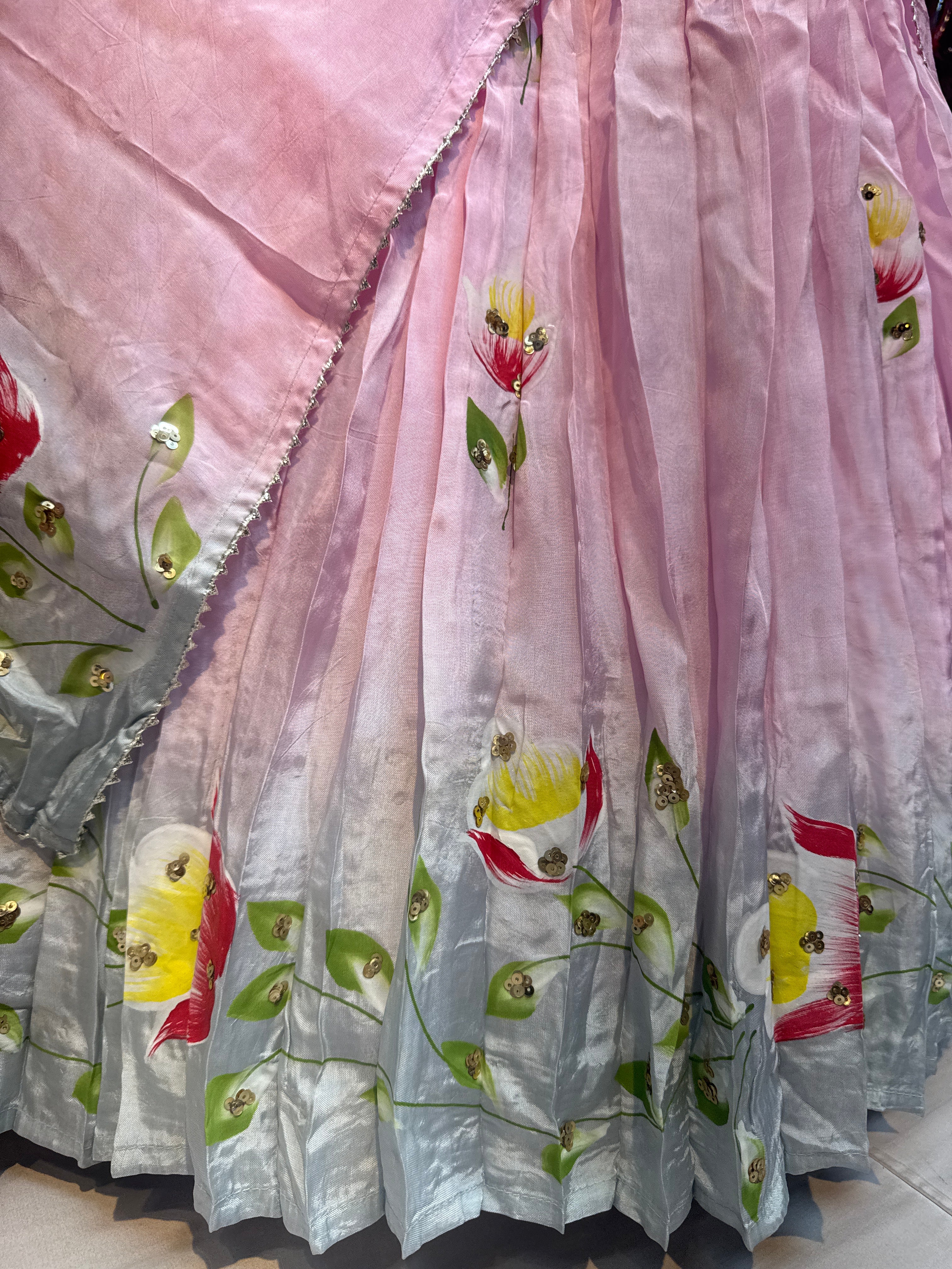 Pink grey floral handpainted lehnga in pure upada silk fabric