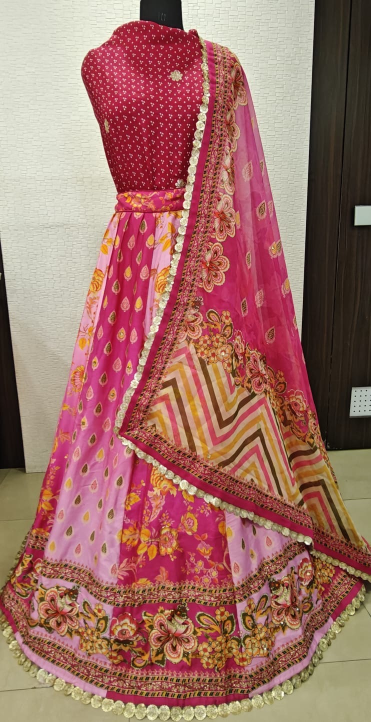 GG inspired handprinted lehnga with crystal dabka work highlighting on it