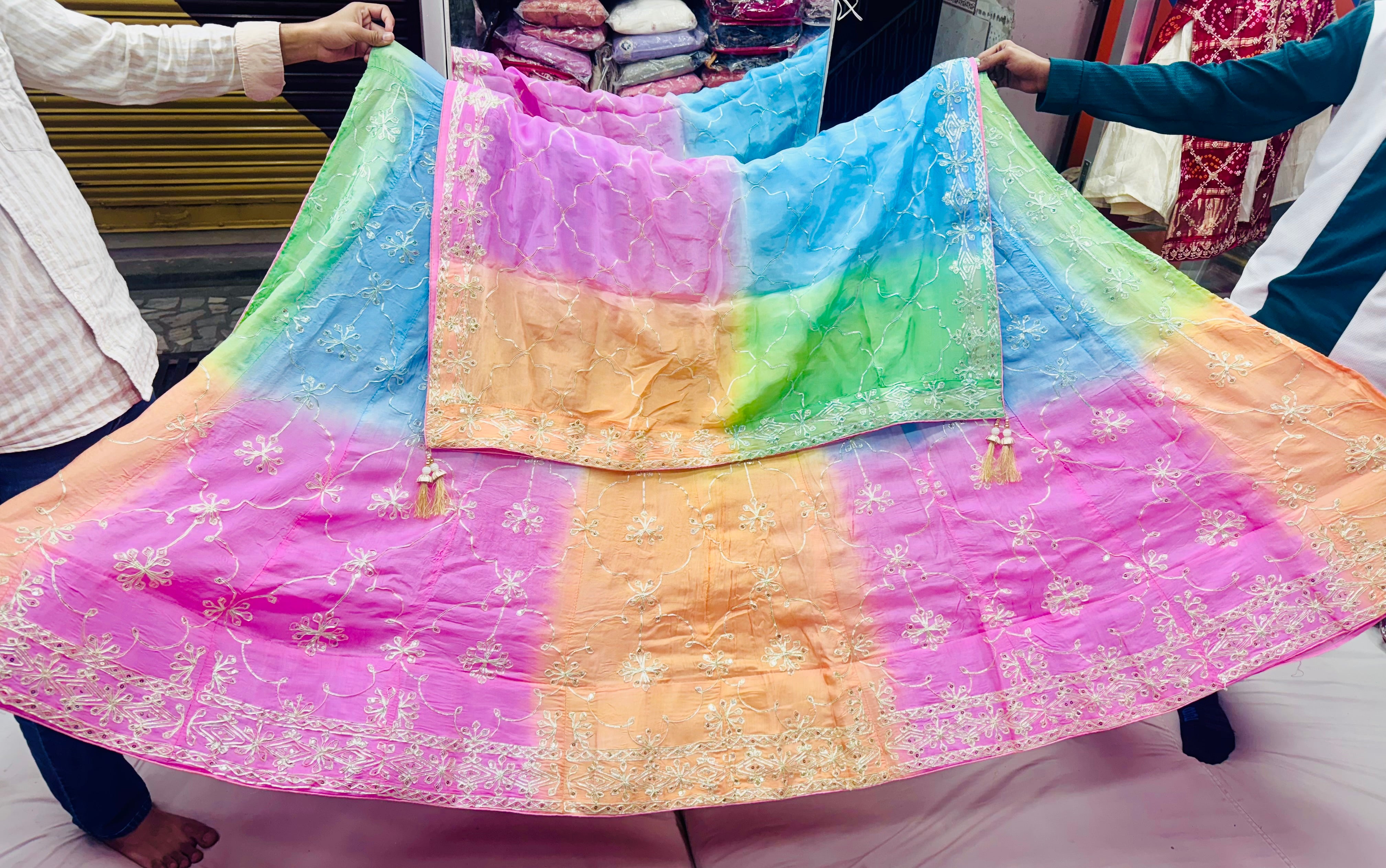 MultiColor box dyed Rajwadi lehnga with kachhi gota handwork on pure Upada silk and HO silk dupatta