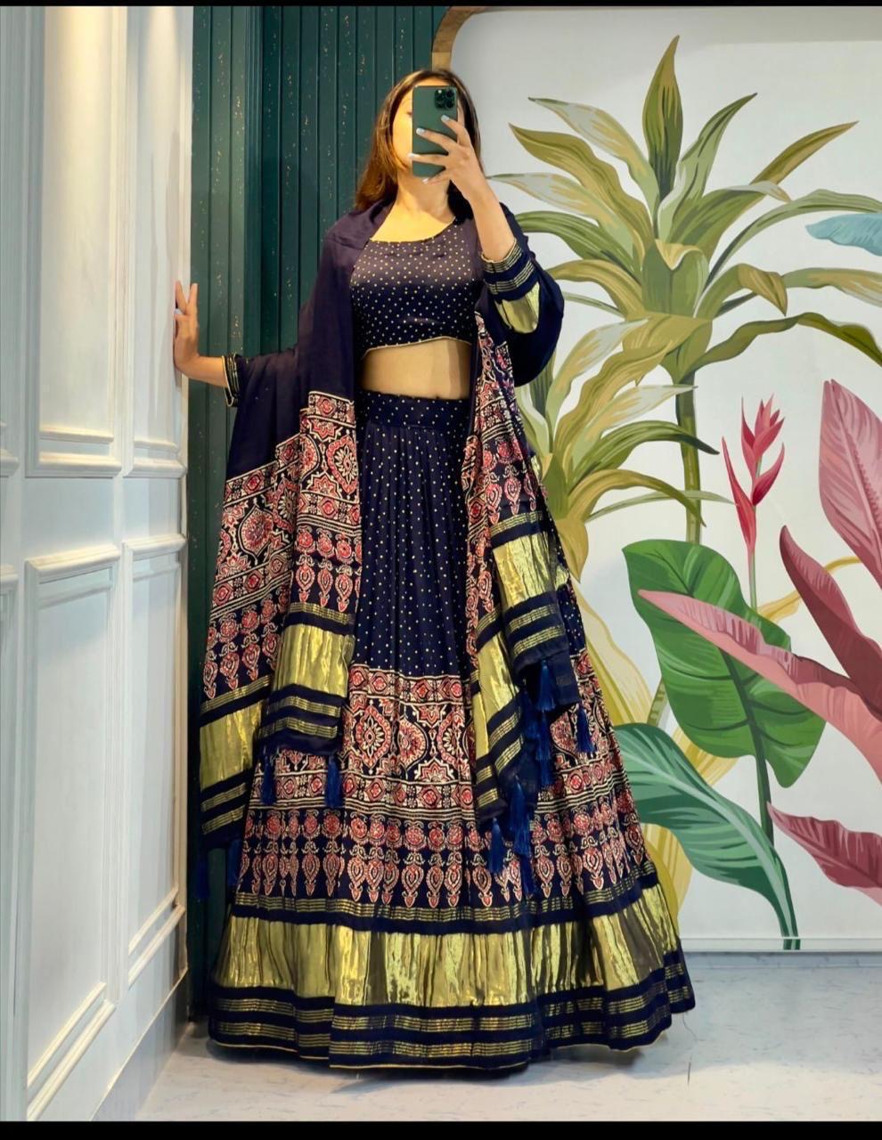 Gajji silk Ajrakh lehnga