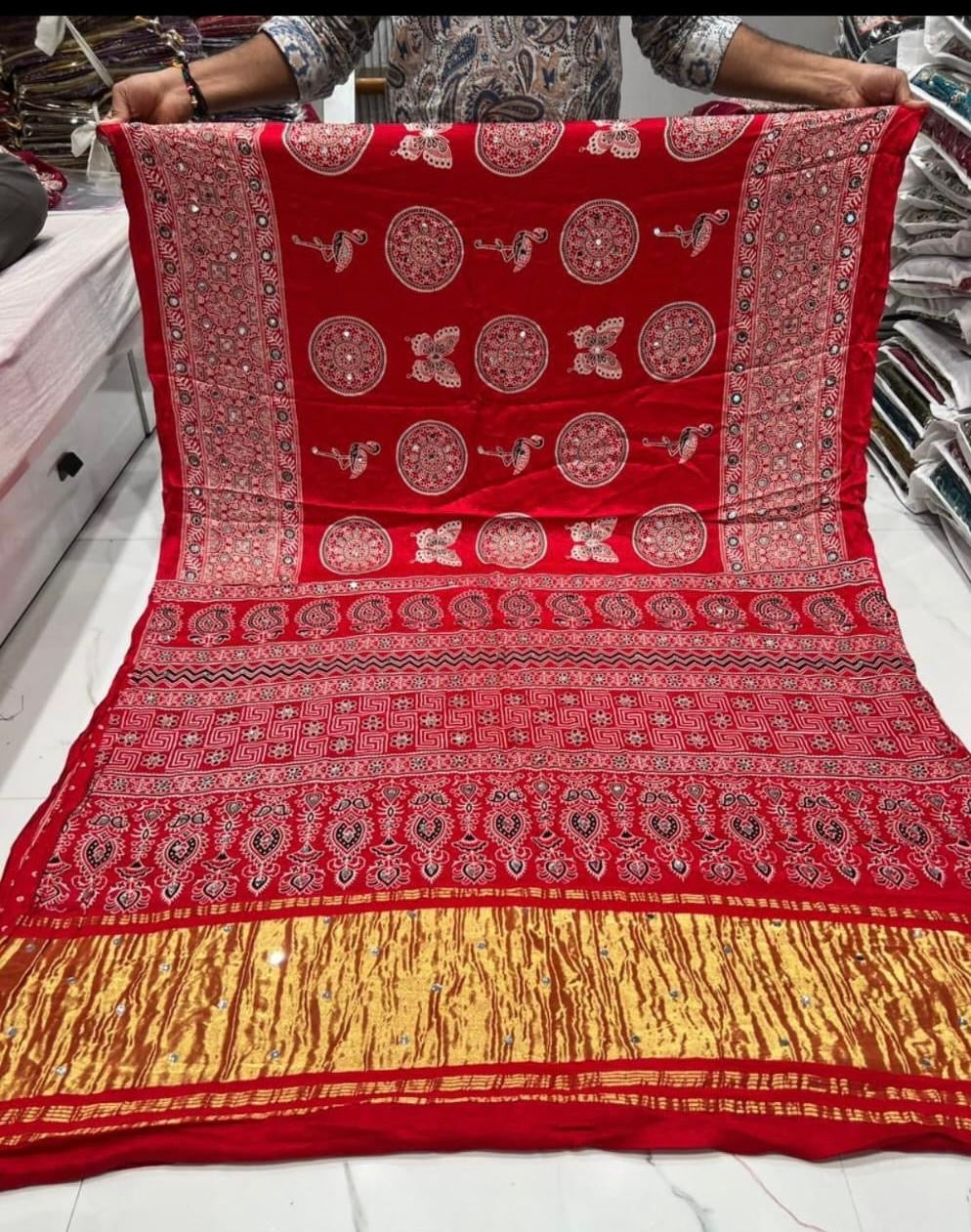 Ajrakh sarees with mirror pasting