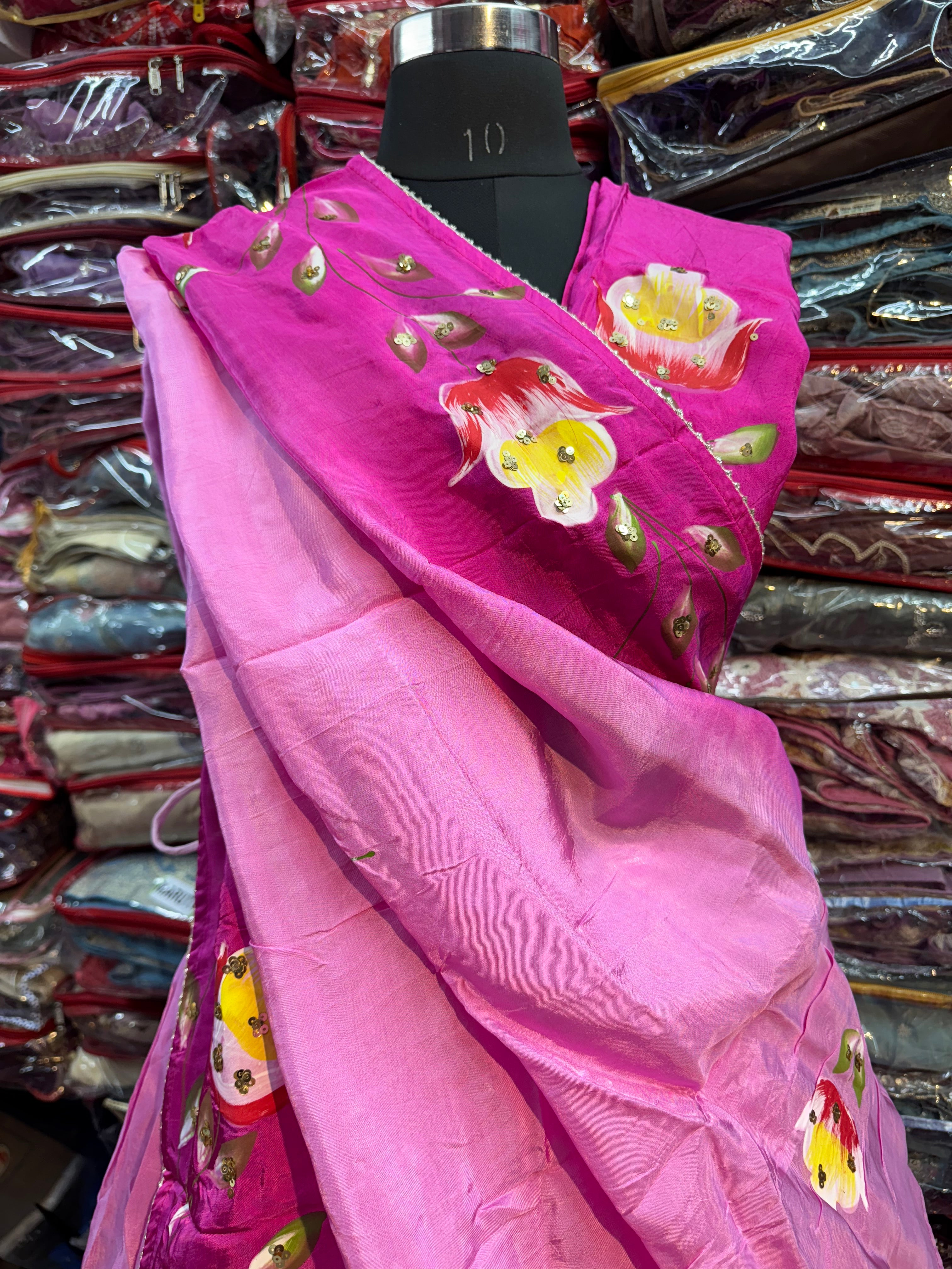 Pink and rani floral handpainted lehnga on pure upada silk