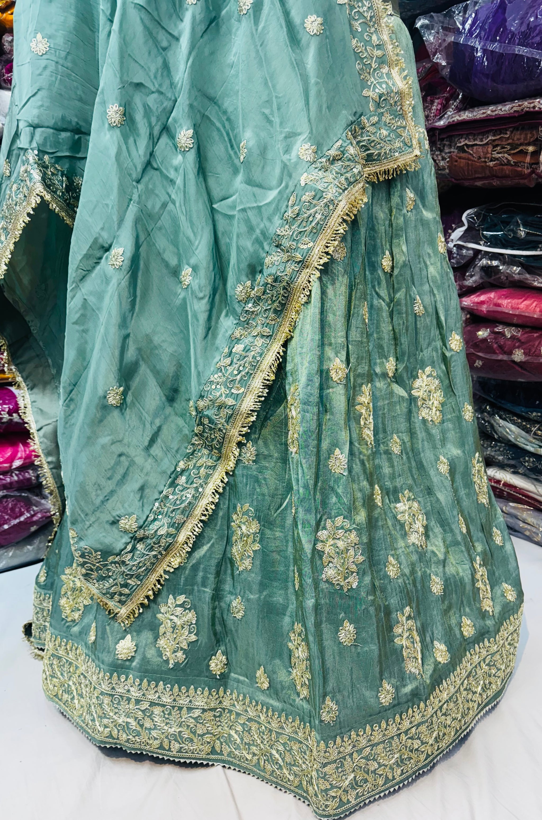 Beautiful antique work lehnga with trending lace