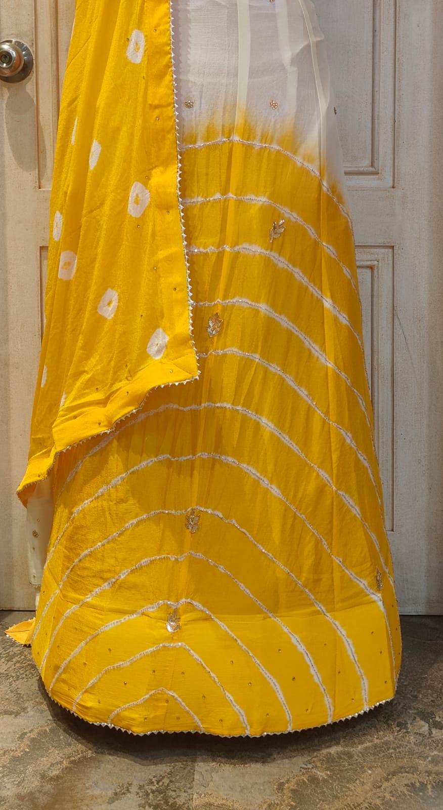 Chinon fabric handwork lehnga having bandhej lehriya
