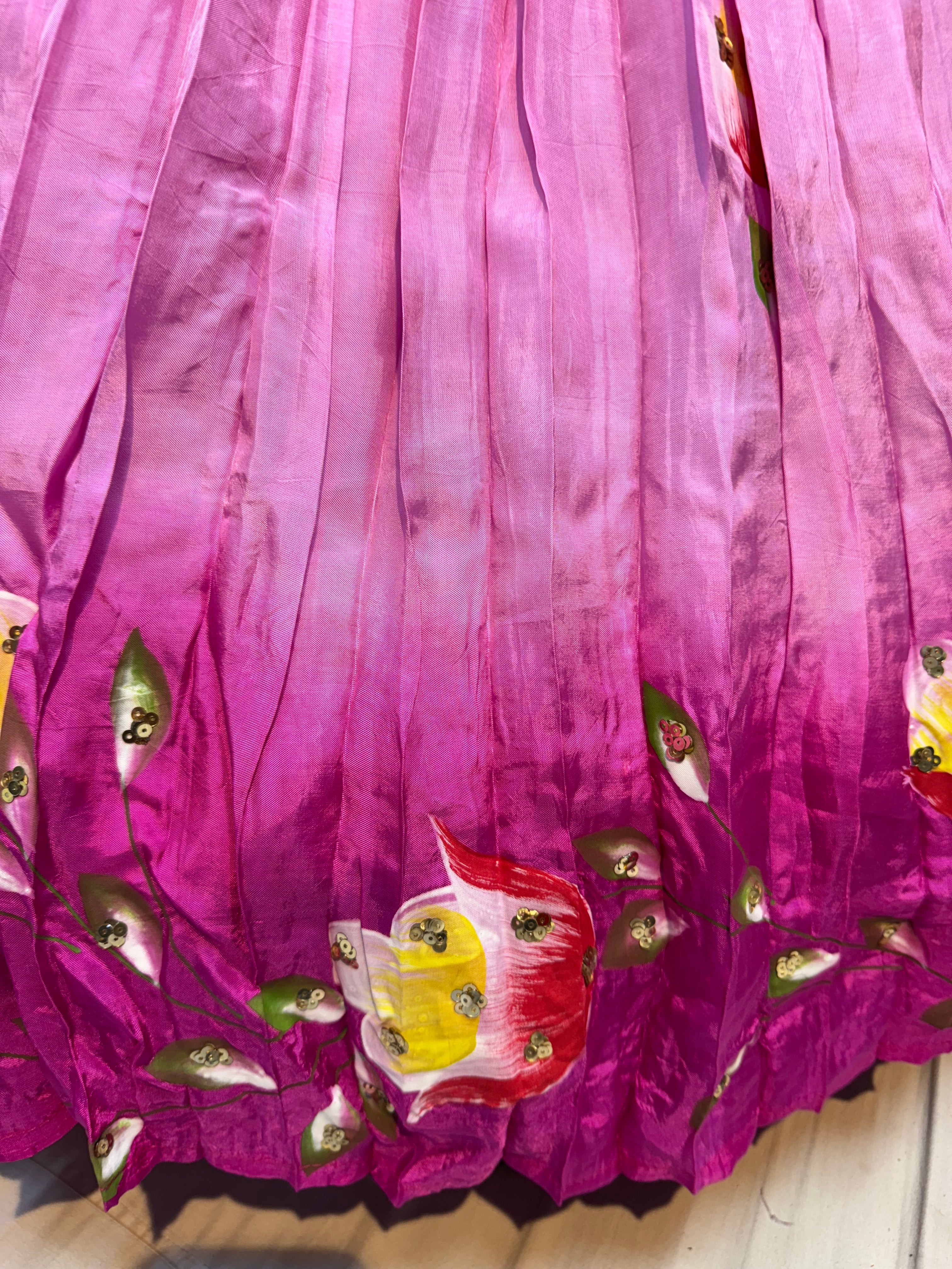 Pink and rani floral handpainted lehnga on pure upada silk