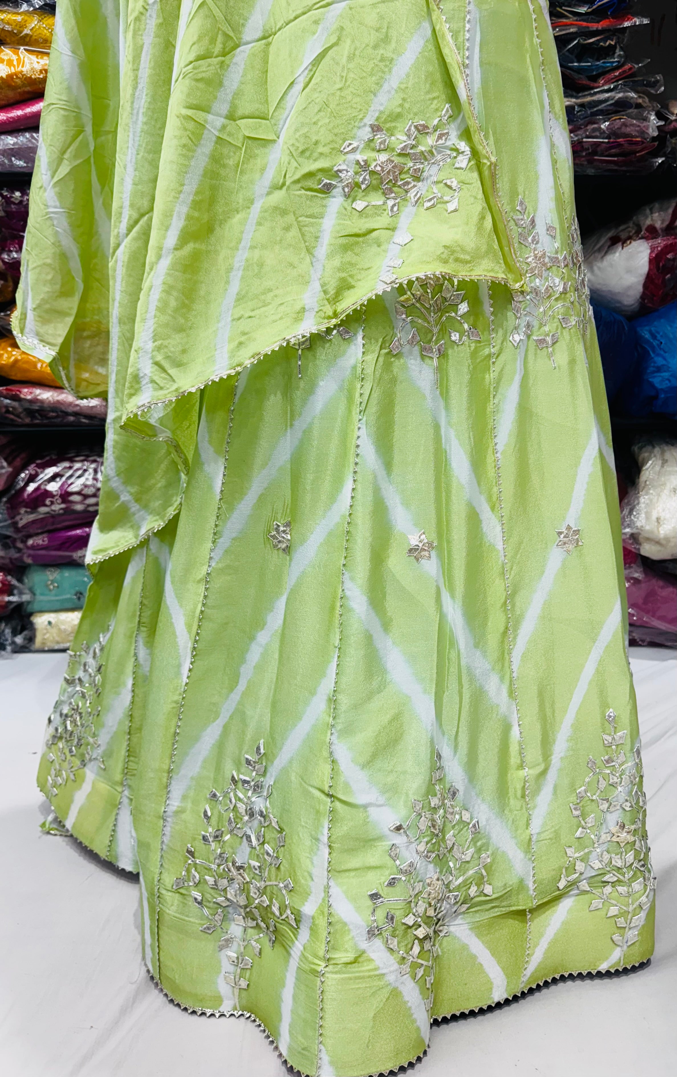Lehriya lehngas with sikhiya gota work on chinon fabric