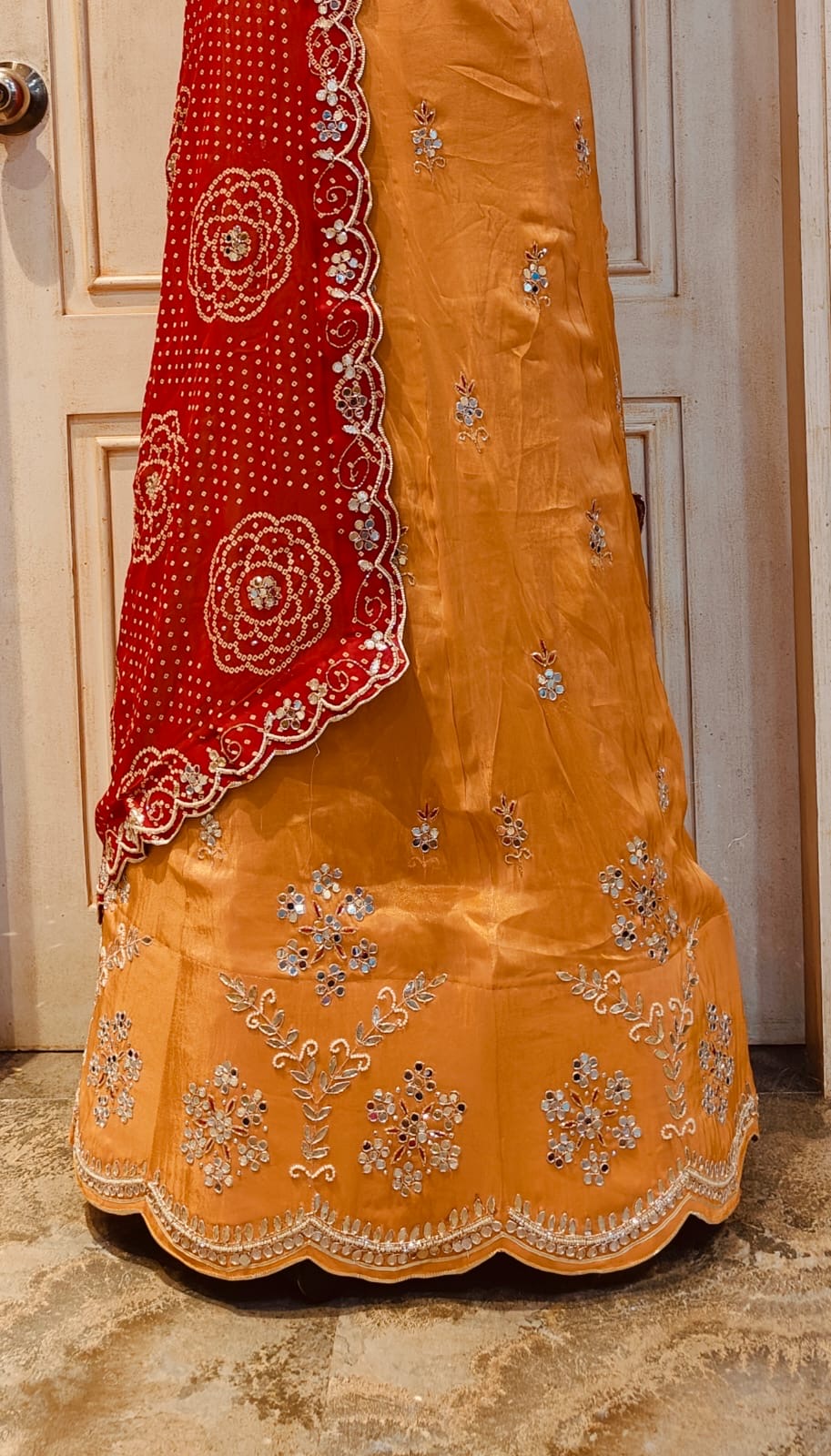 COSMO TISSUE FABRIC LEHNGA WITH BHANDHEJ CONCEPT