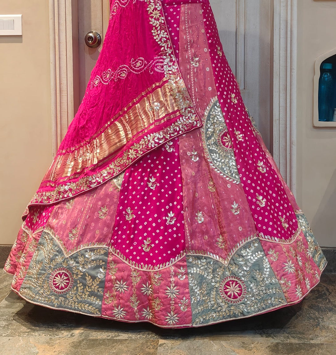 Dabka zardosi handwork lehnga with bandhej cut patch work
