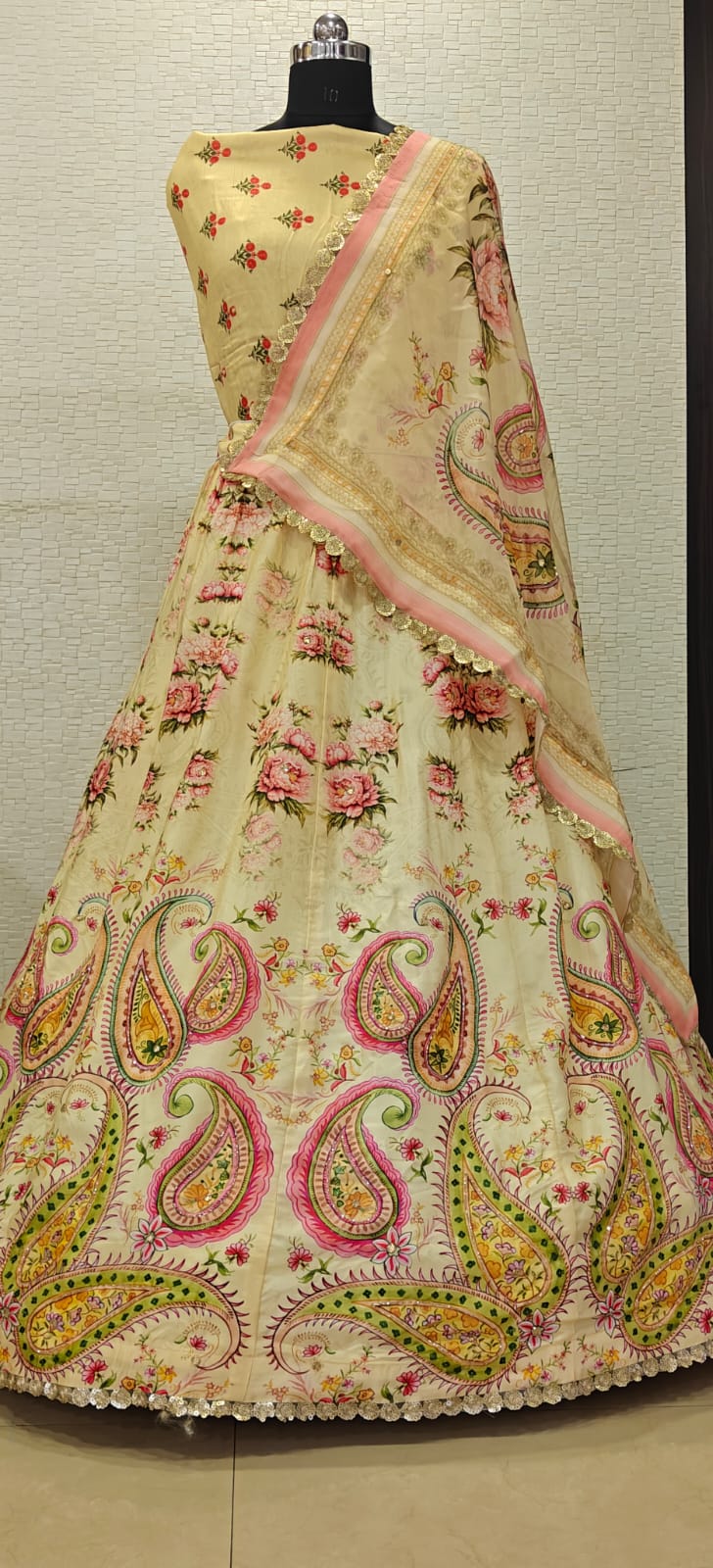 GG inspired handprinted lehnga with crystal dabka work highlighting on it