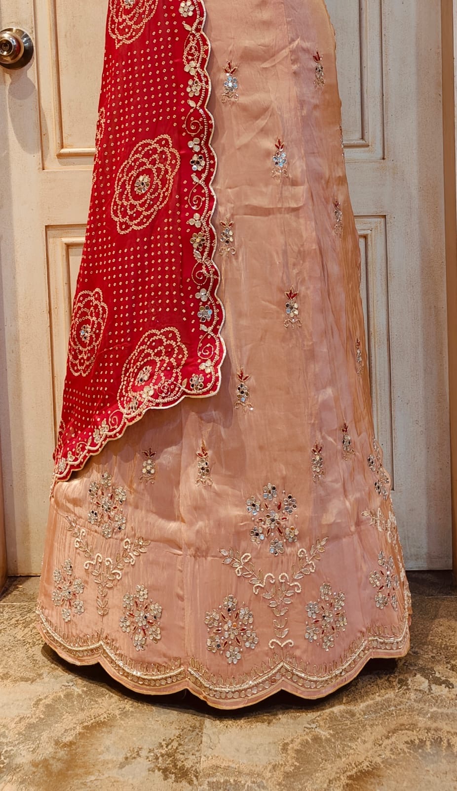 COSMO TISSUE FABRIC LEHNGA WITH BHANDHEJ CONCEPT