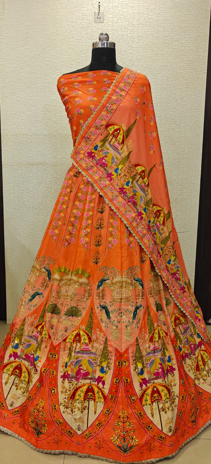 GG inspired handprinted lehnga with crystal dabka work highlighting on it
